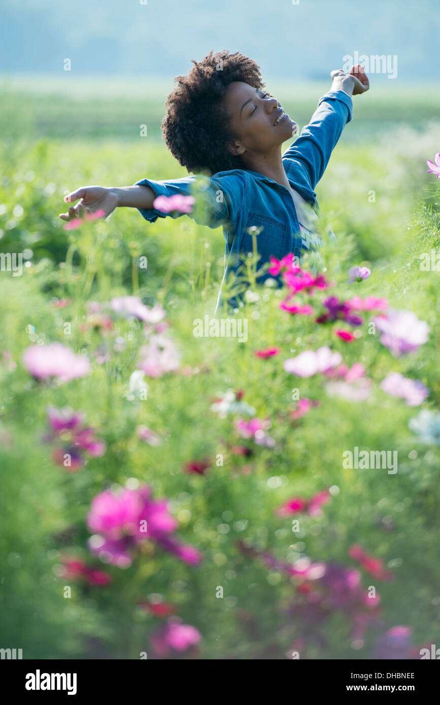 Eine Frau unter den Blumen mit ihren ausgestreckten Armen.  Kosmos von rosa und weißen Blüten. Stockfoto