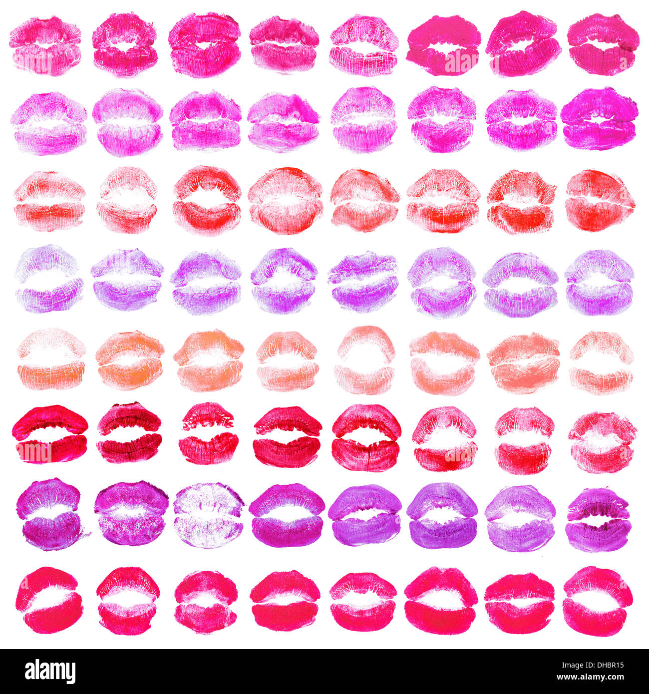 Satz von 64 einzigartige Lippenstift Kuss Formen. Isoliert auf weißem Hintergrund. Stockfoto