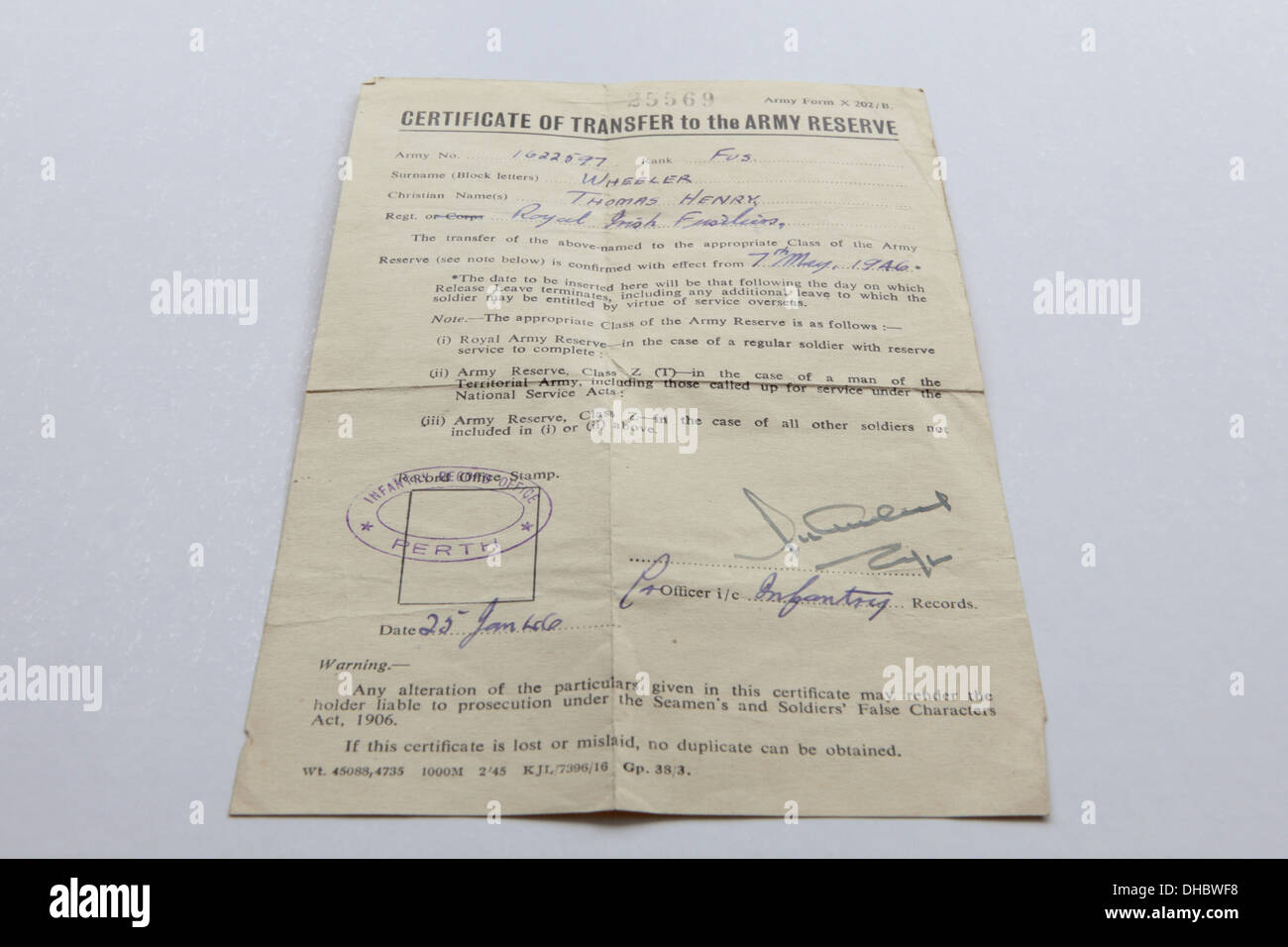 Wichtig WWII historisches Dokument/Dokumente im Zusammenhang mit Herrn Thomas Henry Wheeler, Großvater der Fotograf Peter Wheeler. Stockfoto