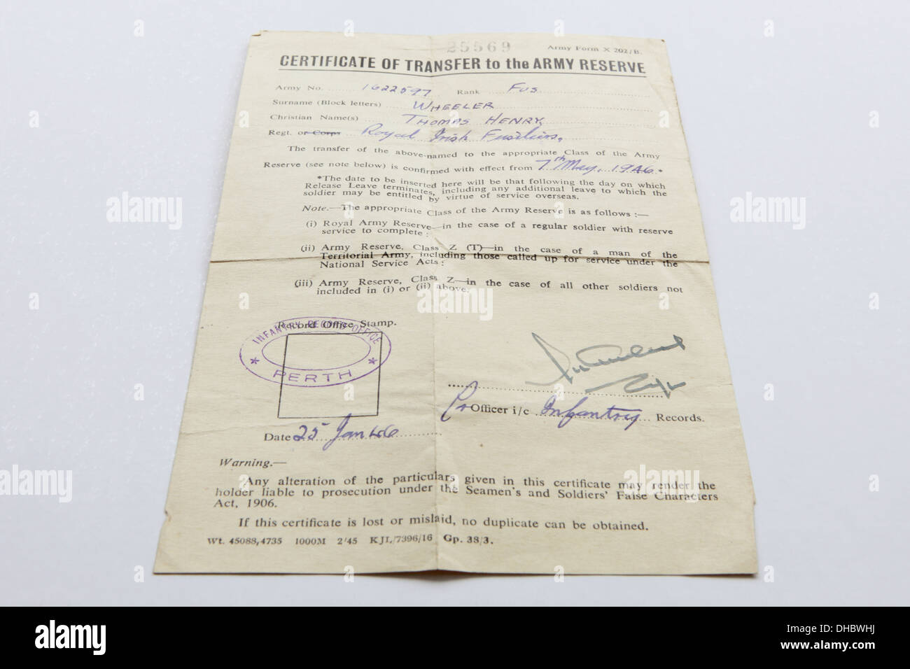 Wichtig WWII historisches Dokument/Dokumente im Zusammenhang mit Herrn Thomas Henry Wheeler, Großvater der Fotograf Peter Wheeler. Stockfoto