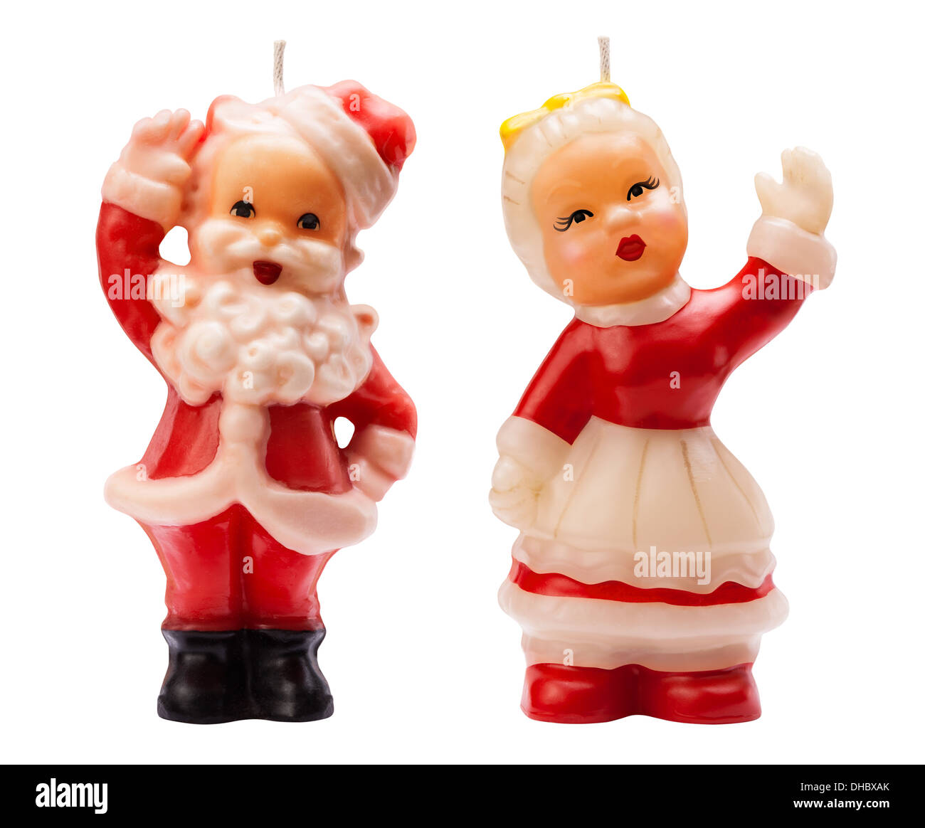 Vintage Christmas Kerzen aus den 1950er Jahren. Santa Claus und Frau Isolated on White. Stockfoto