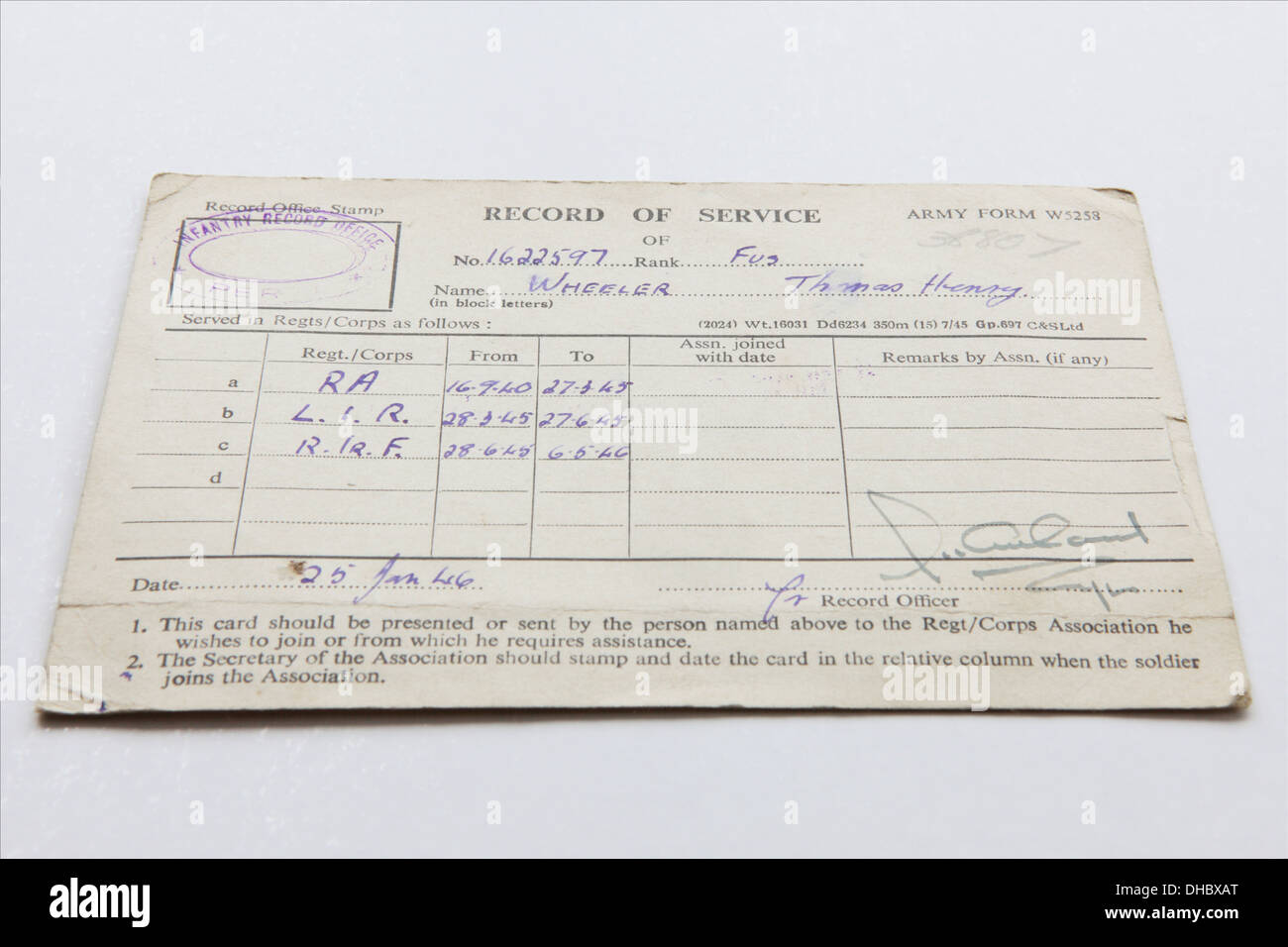 Wichtig WWII historisches Dokument/Dokumente im Zusammenhang mit Herrn Thomas Henry Wheeler, Großvater der Fotograf Peter Wheeler. Stockfoto