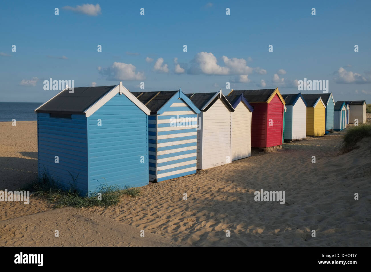 Strandhütten in Southwold, Suffolk, England. Stockfoto