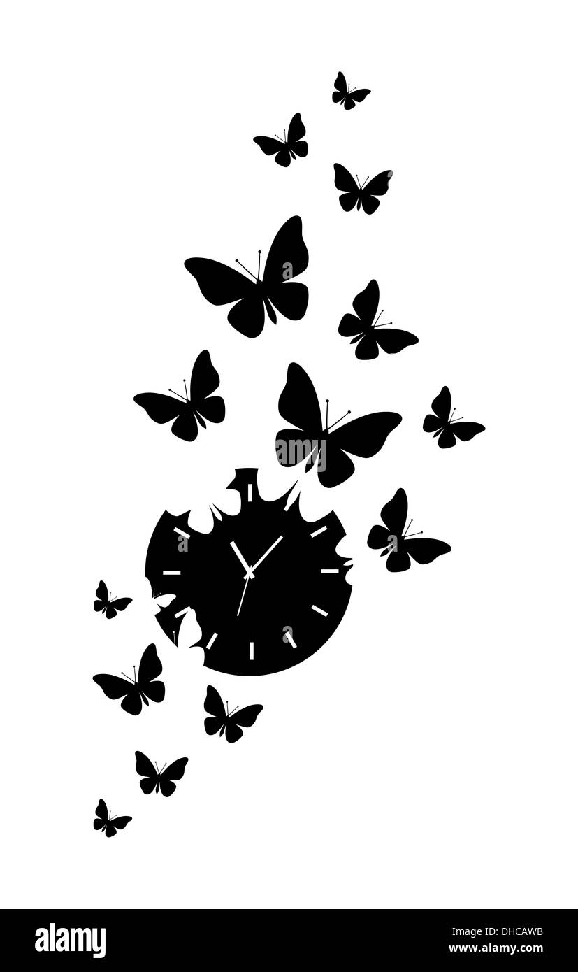 die Zeit vergeht, Uhr mit fliegenden Schmetterlinge Stockfoto