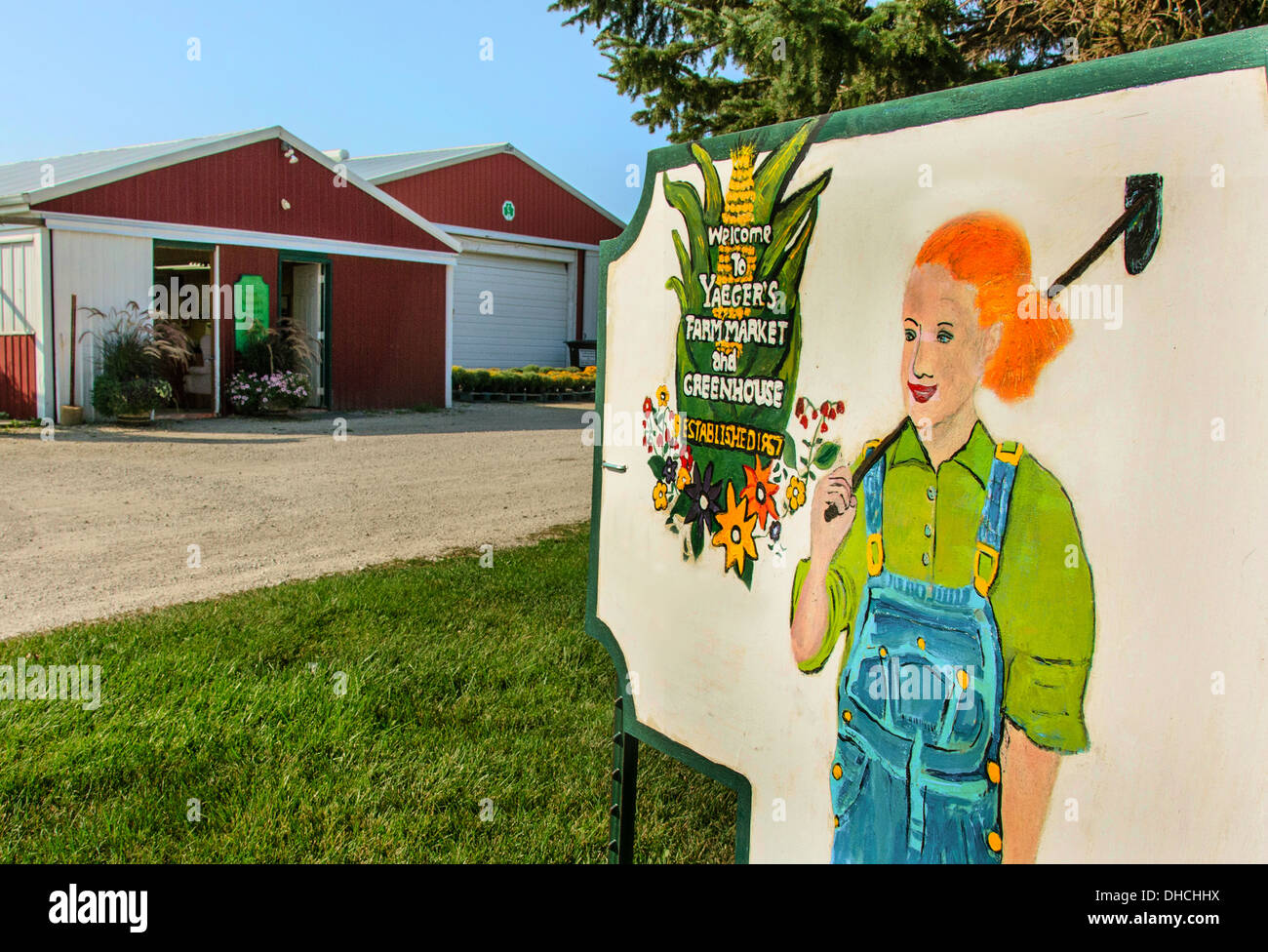 Melden Sie für Yaegers Bauernmarkt in der Nähe von DeKalb, Illinois, einer Stadt auf dem Lincoln Highway Stockfoto