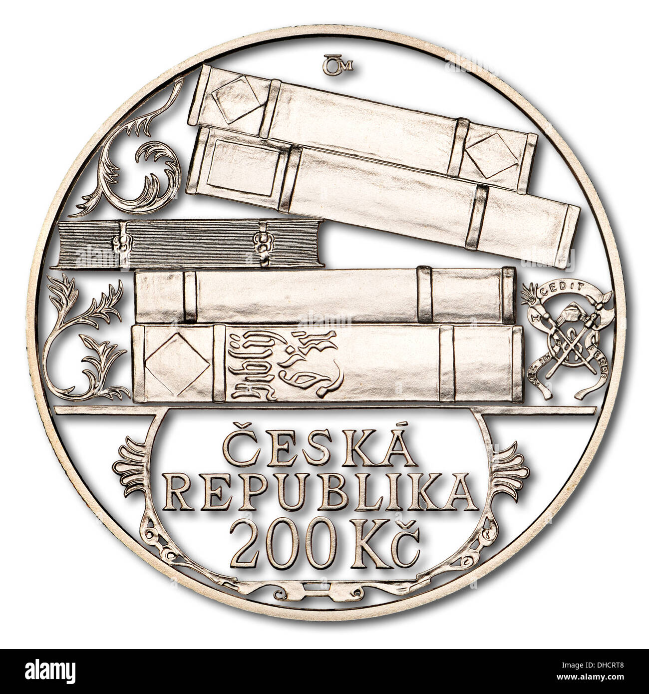 200 Kc Silber Gedenkmünze (Ausschnitt) aus der Tschechischen Republik. 500. Jahrestag der Geburt von Jiří Melantrich von Aventinum Stockfoto
