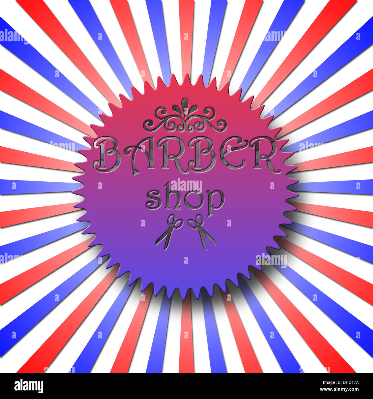 Barber Shop Abzeichen gegen Sunburst in den klassischen Farben rot, blau und weiß Stockfoto