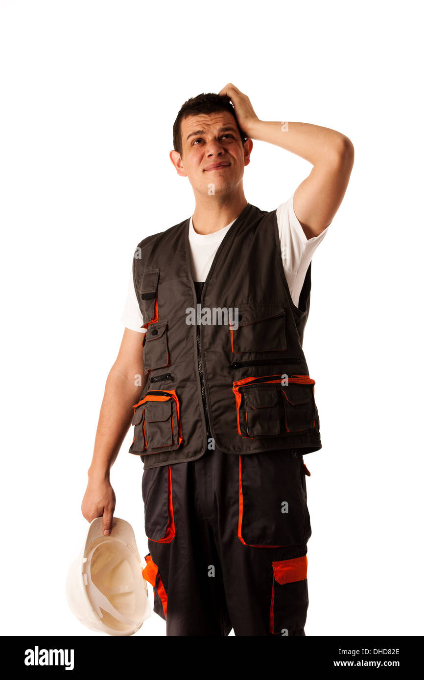 Besorgt Bauarbeiter isoliert auf weißem Hintergrund Stockfoto