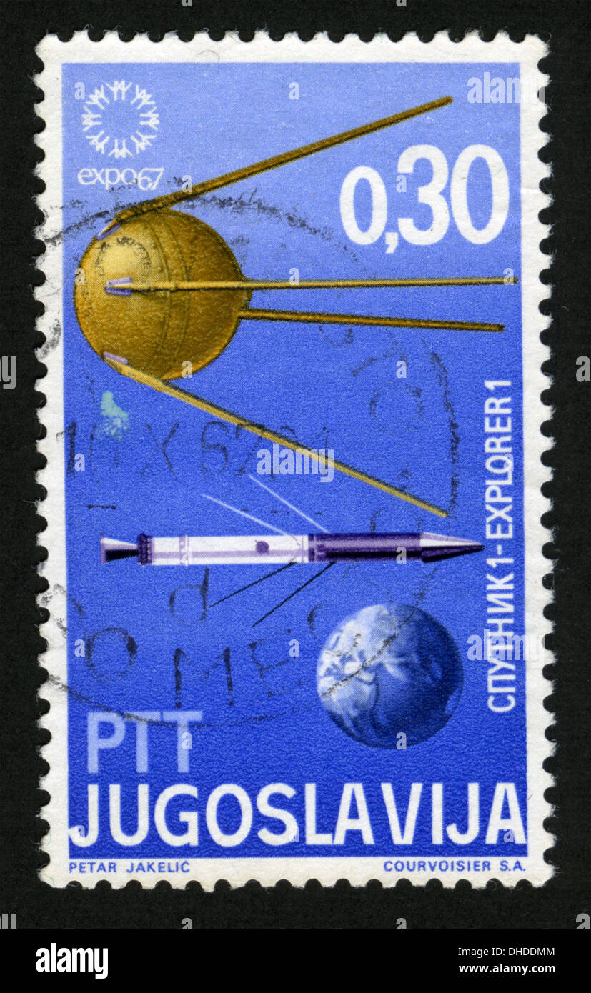Jugoslawien, Poststempel, Stempel, Mail, Satelliten, Sputnik 1, Exsplorer 1 Stockfoto