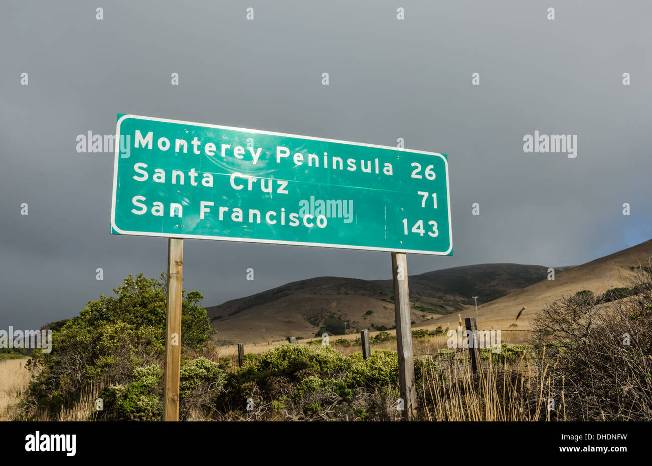 Schild mit Entfernungen, Monterey, Santa Cruz und San Francisco.   Big Sur, Kalifornien, USA Stockfoto