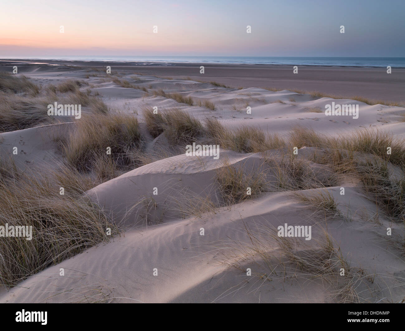 Dämmerung in den Dünen und Strand von Holkham Bay, Norfolk, England, Vereinigtes Königreich, Europa Stockfoto