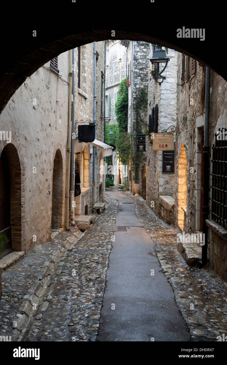 Gepflasterte Gasse, Saint-Paul-de-Vence, Provence-Alpes-Cote d ' Azur, Provence, Frankreich Stockfoto