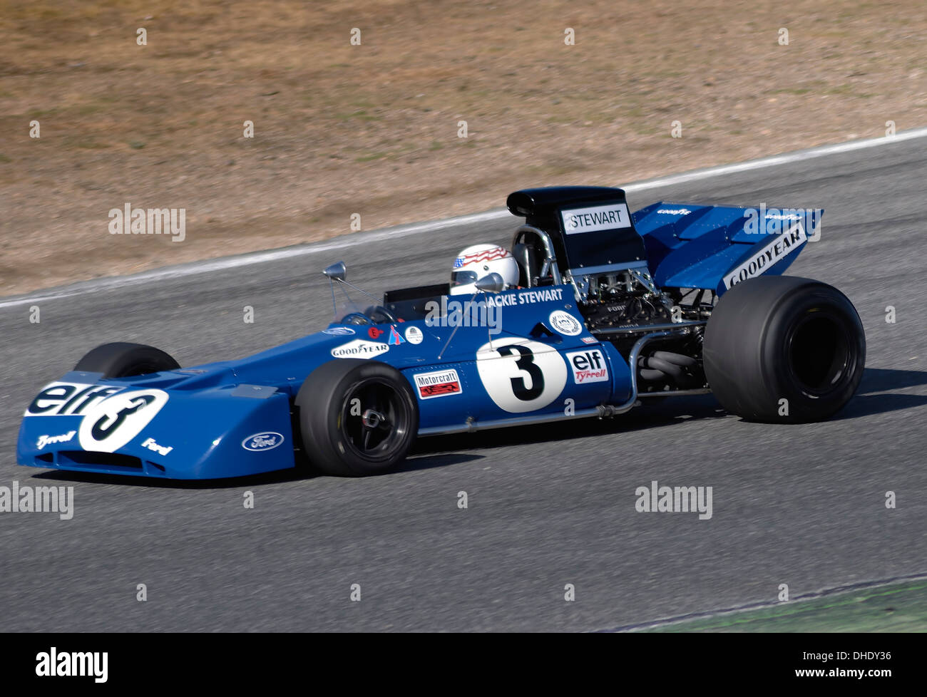 Jarama Vintage Festival Oktober 2011. Sir John Young "Jackie" Stewart Tyrrell F1. Jarama Circuit, Madrid, Spanien. Stockfoto