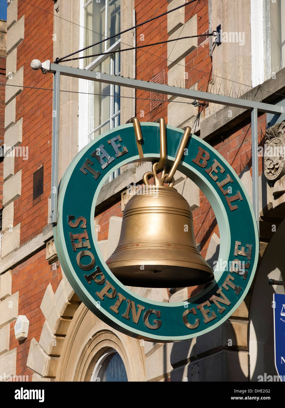 Die Glocke Einkaufszentrum Zeichen, Melton Mowbray, Leicestershire, England, UK Stockfoto