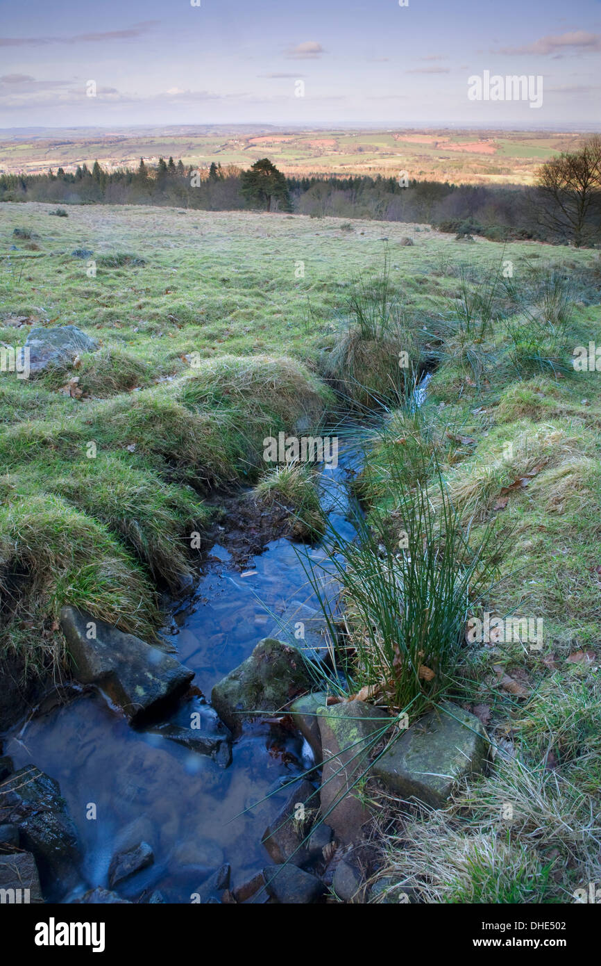 Der blaue Himmel spiegelt sich in einem Stream auf Brown Clee Hügel, Shropshire, England Stockfoto