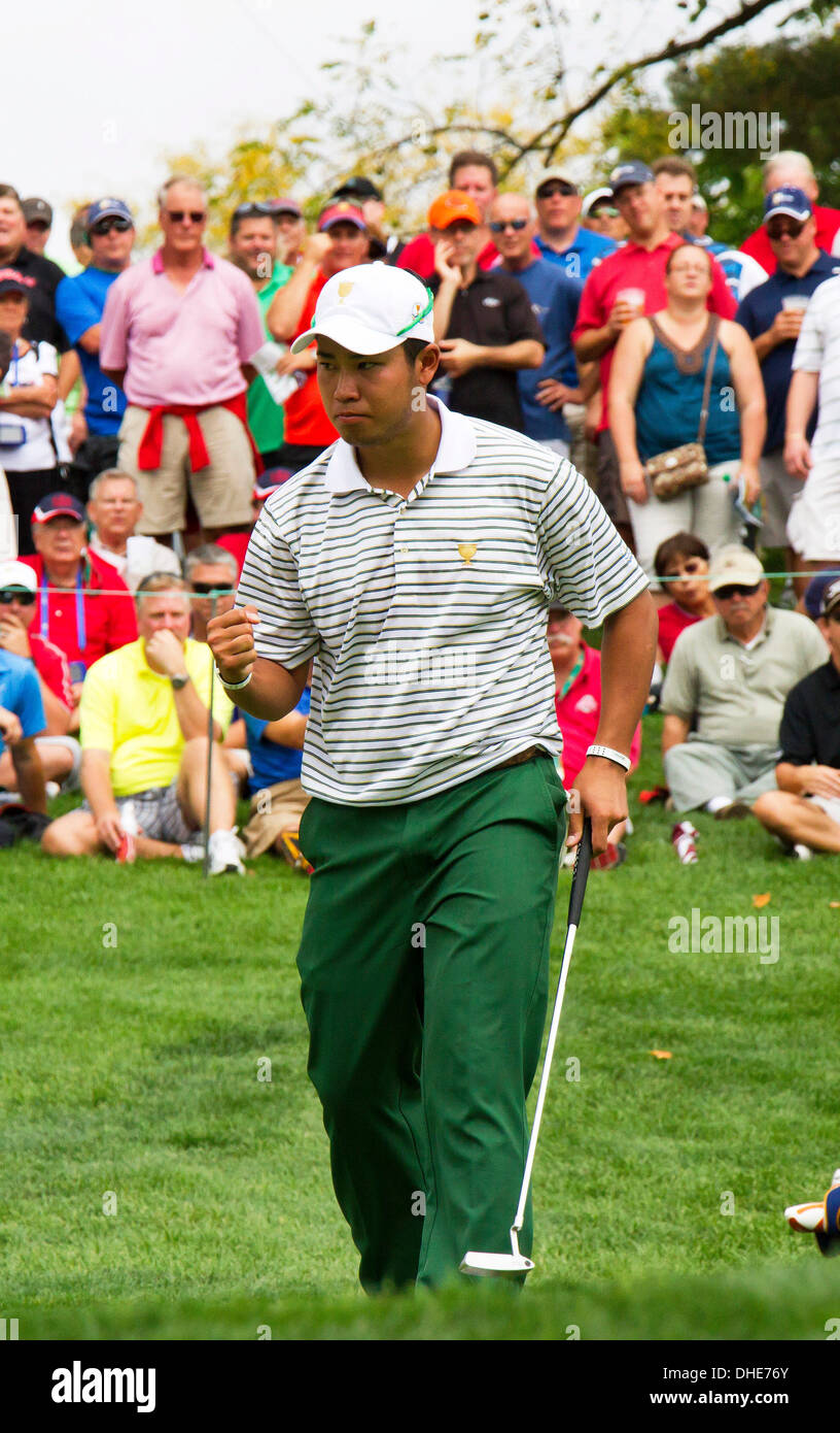 Dublin, Ohio, USA. 3. Oktober 2013. Hideki Matsuyama (JPN) Golf: International Team Hideki Matsuyama in Japan während der ersten Runde vier-Ball Spiele der Presidents Cup bei Muirfield Village Golf Club in Dublin, Ohio, Vereinigte Staaten von Amerika. © Thomas Anderson/AFLO/Alamy Live-Nachrichten Stockfoto