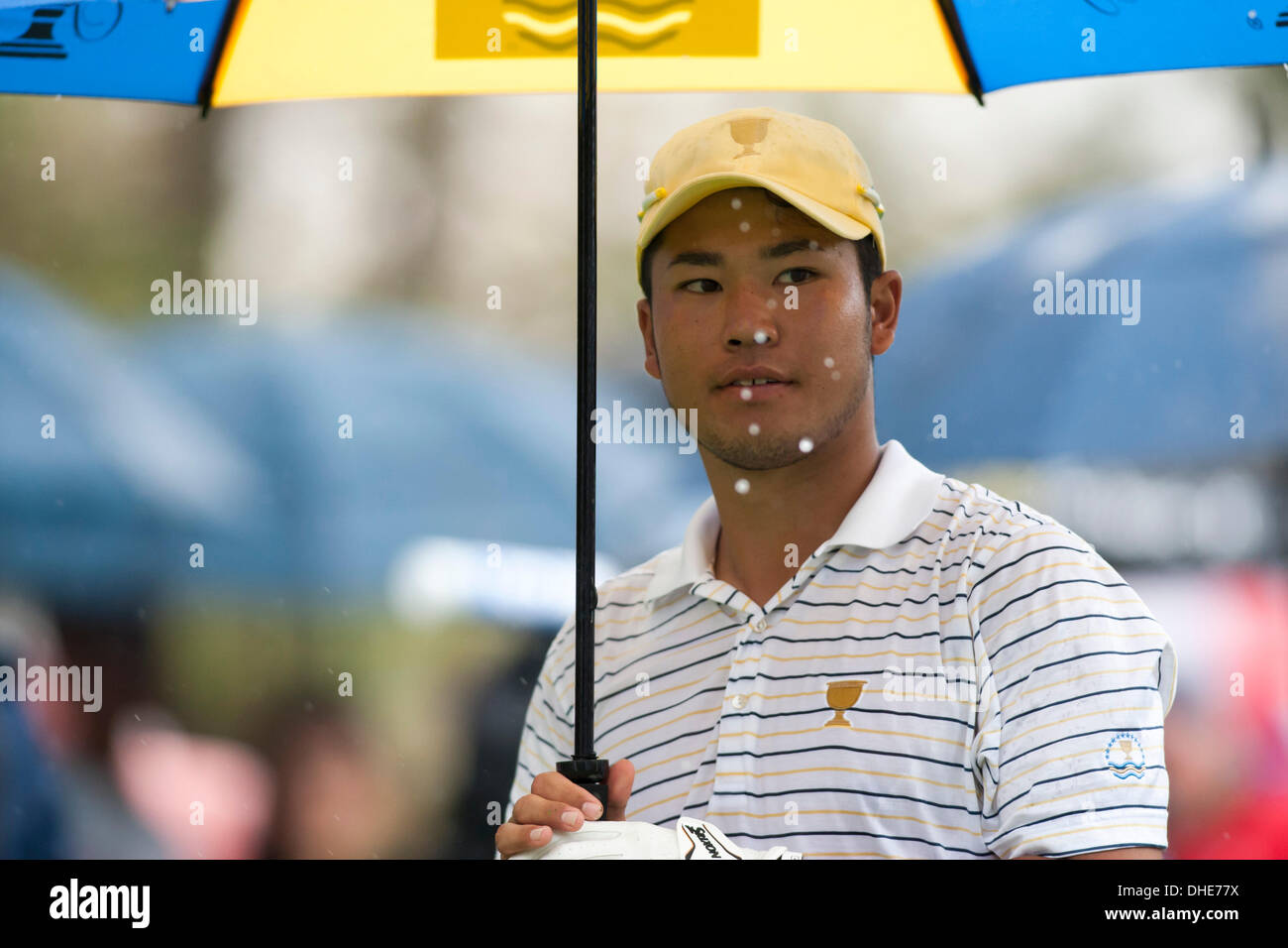 Dublin, Ohio, USA. 5. Oktober 2013. Hideki Matsuyama (JPN) Golf: International Team Hideki Matsuyama in Japan während der dritten Runde Vierball Spiele der Presidents Cup bei Muirfield Village Golf Club in Dublin, Ohio, Vereinigte Staaten von Amerika. © Thomas Anderson/AFLO/Alamy Live-Nachrichten Stockfoto