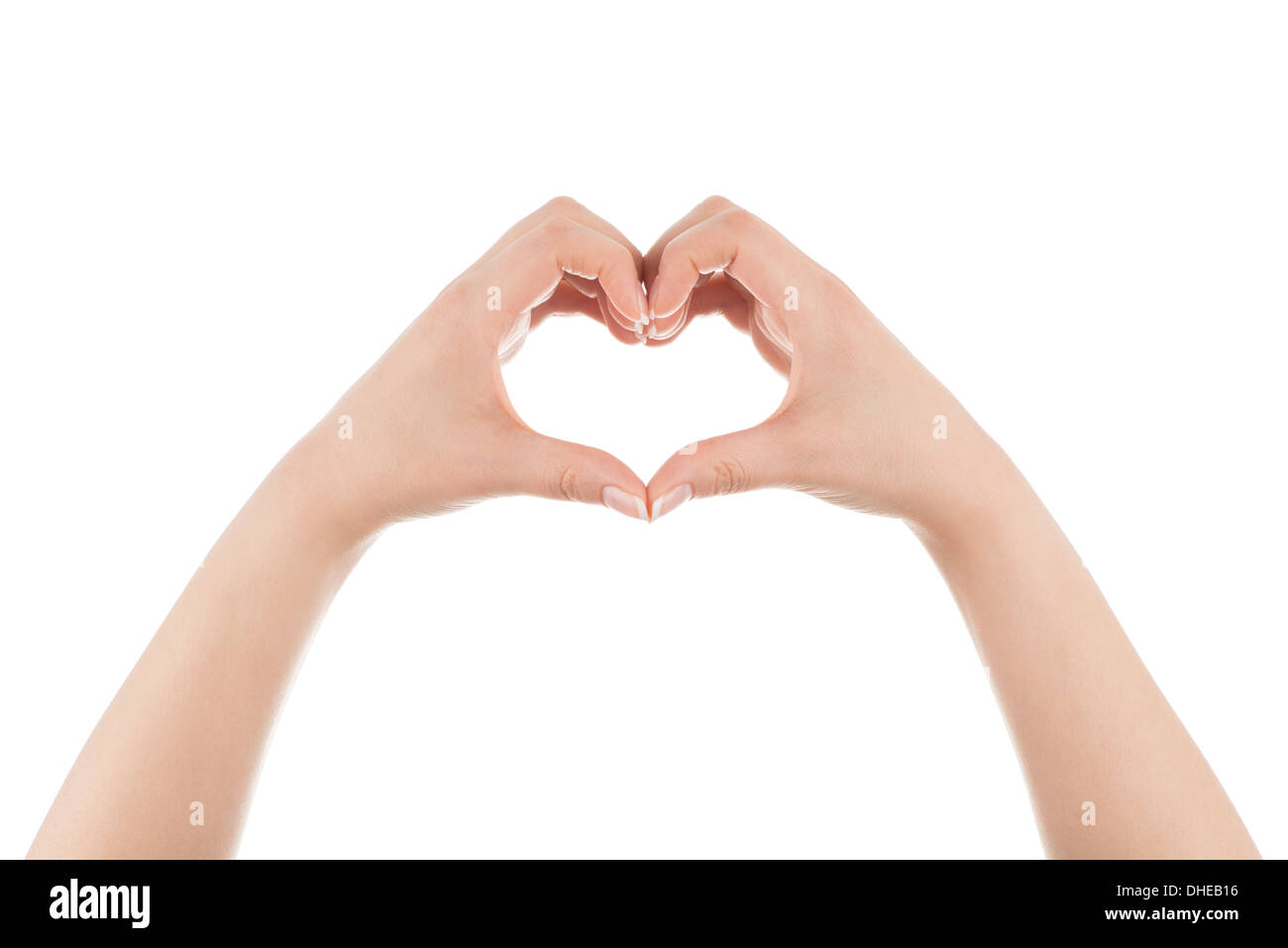 Zwei Frauenhand bilden Herzform auf weißem Hintergrund. Stockfoto