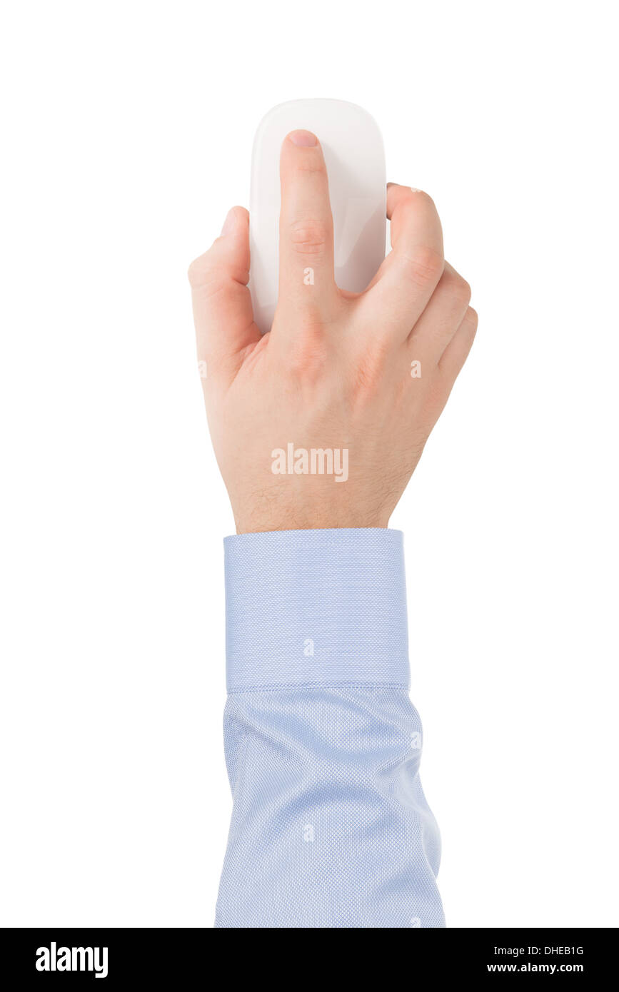 Die Hand des Mannes in einem Hemd ist auf die moderne Wireless-Glas-Touch-Maus auf einem weißen Hintergrund, Ansicht von oben. Stockfoto