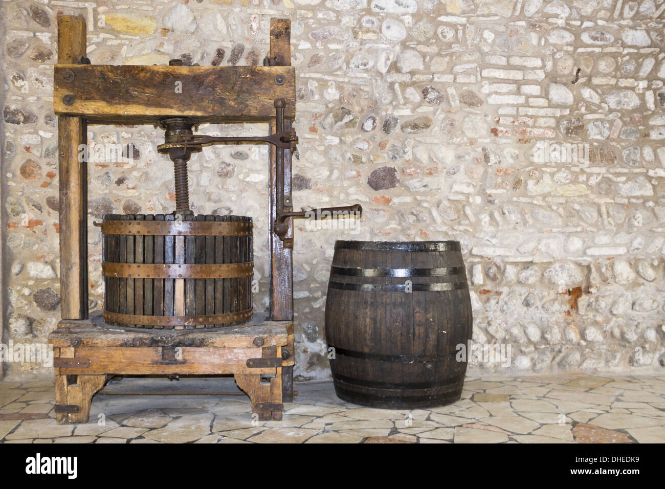 historische Weinpresse Stockfoto