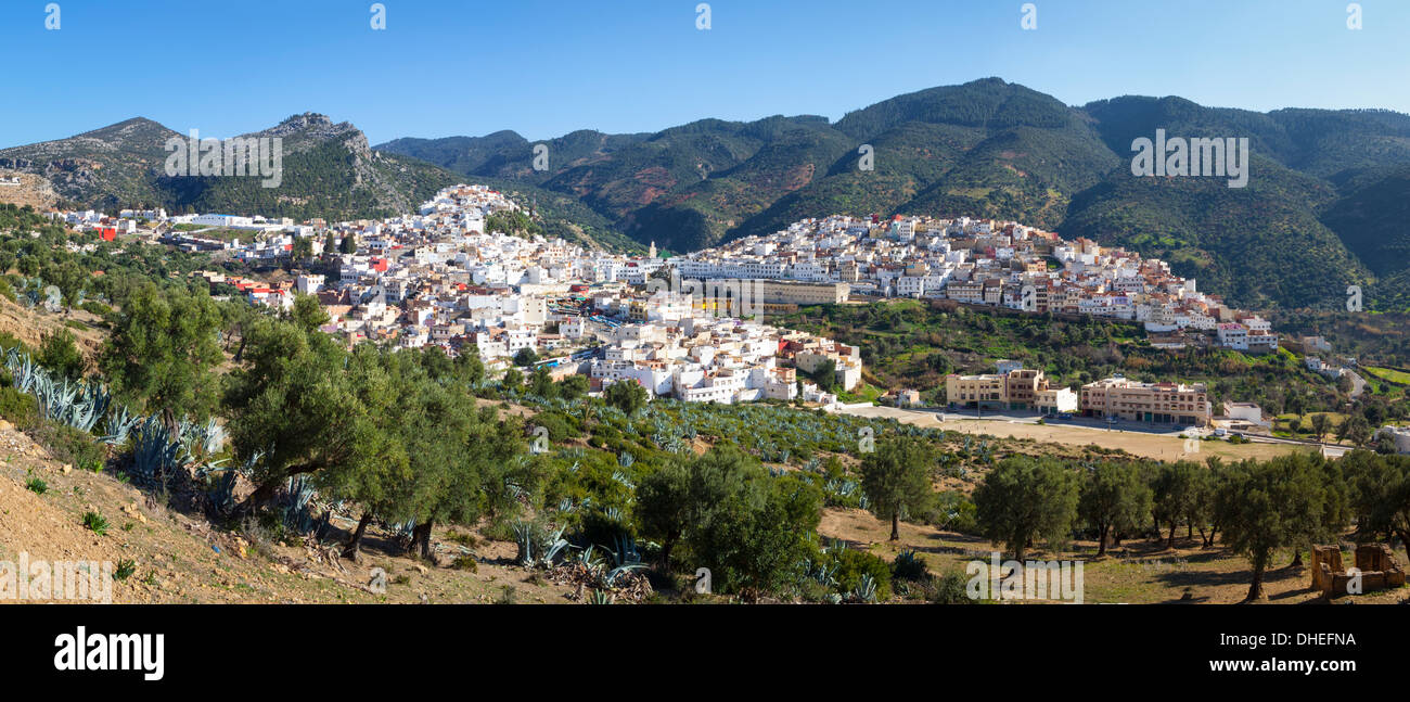 Erhöhten Blick über den historischen Hügel Moulay Idriss, Marokko, Nordafrika, Afrika Stockfoto