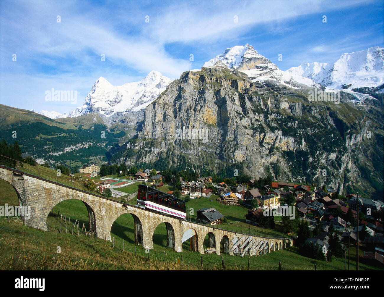 Mt Eiger, Mt Jungfrau und Mt Monch, Mürren, Berner Oberland, Schweiz Stockfoto
