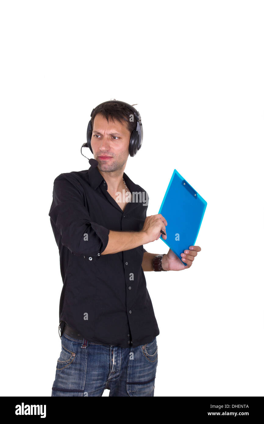 Assistentin mit Kopfhörer und Mikrofon halten seine Dokumente Stockfoto