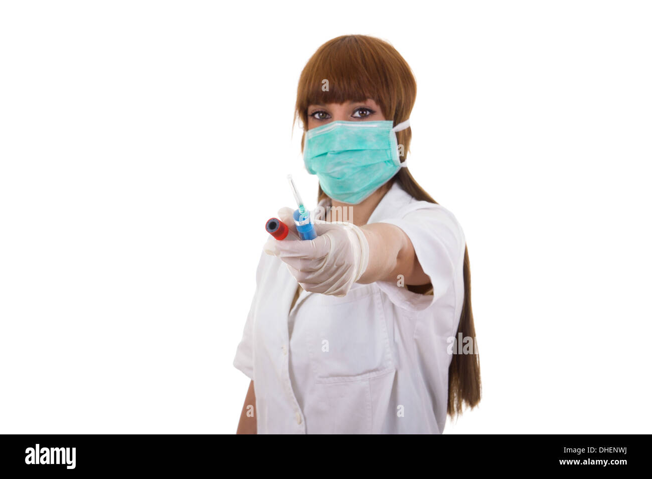 Nurse gives syringe and test tube on white background Stockfoto