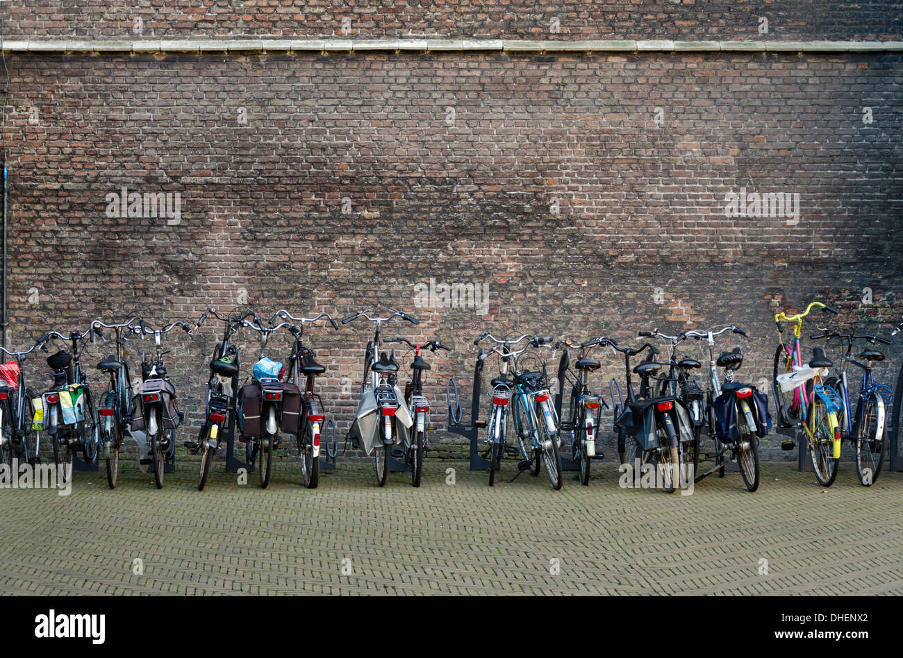 viele Fahrräder neben einer Mauer. Holland Stockfoto