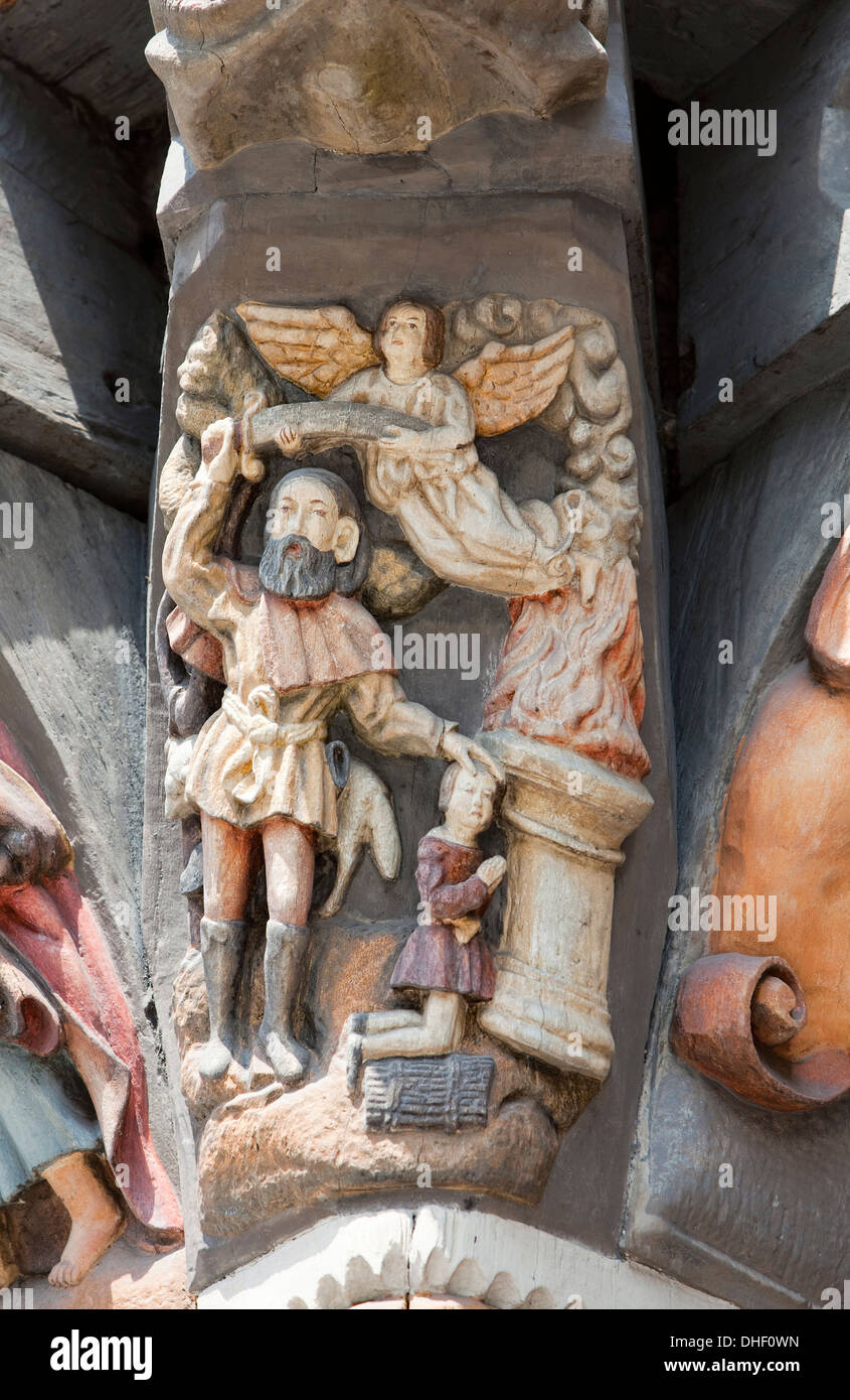 Binden von Isaac, kunstvoll geschnitzten Architekturdetail Stiftsherrenhaus, 1558, Osterstraße, Hameln, Niedersachsen, Deutschland Stockfoto