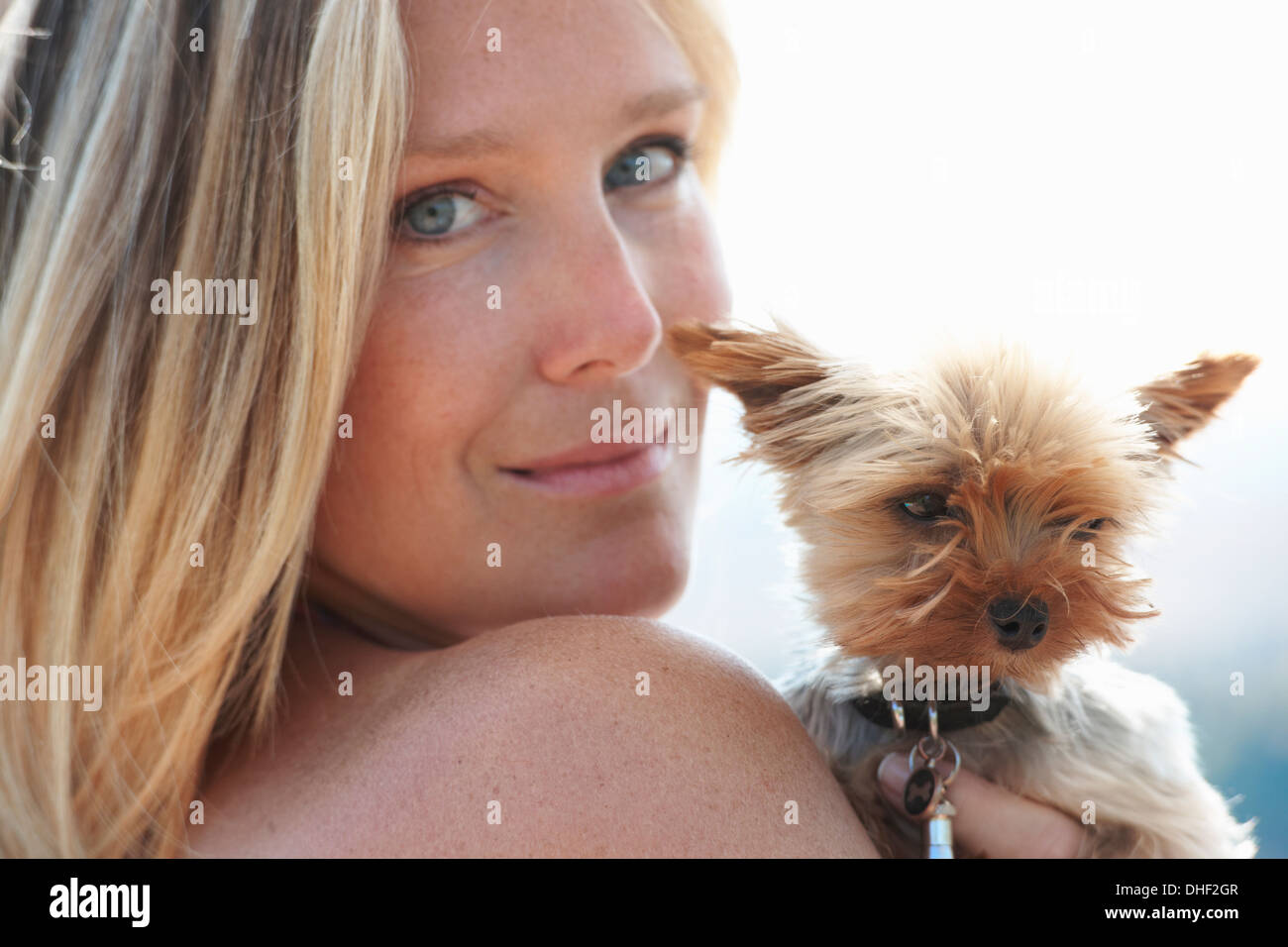 Reife Frau Holding Haustier Hund, über die Schulter schauen Stockfoto