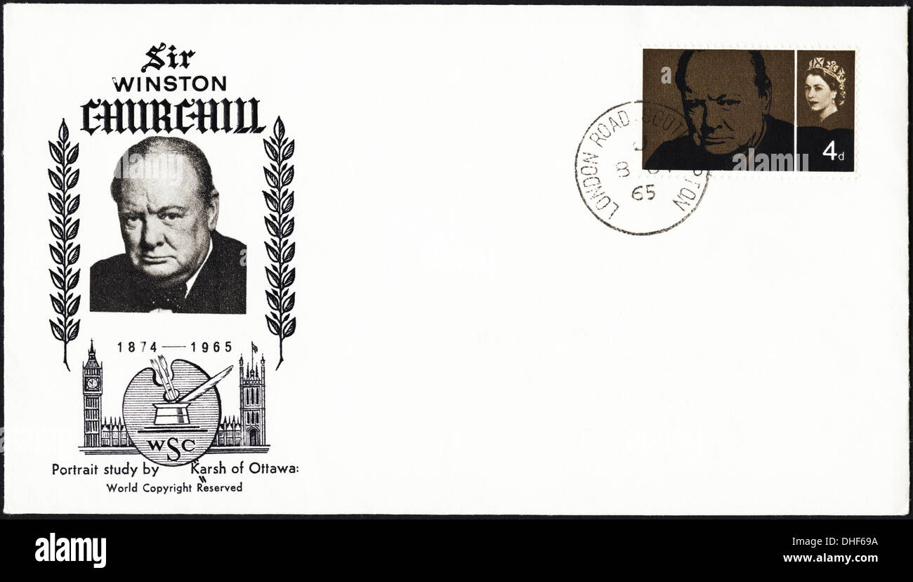 Briefmarke Ersttagsbriefmarke für Sir Winston Churchill datiert 1965 gestempelt London Portrait von Karsh von Ottawa Stockfoto