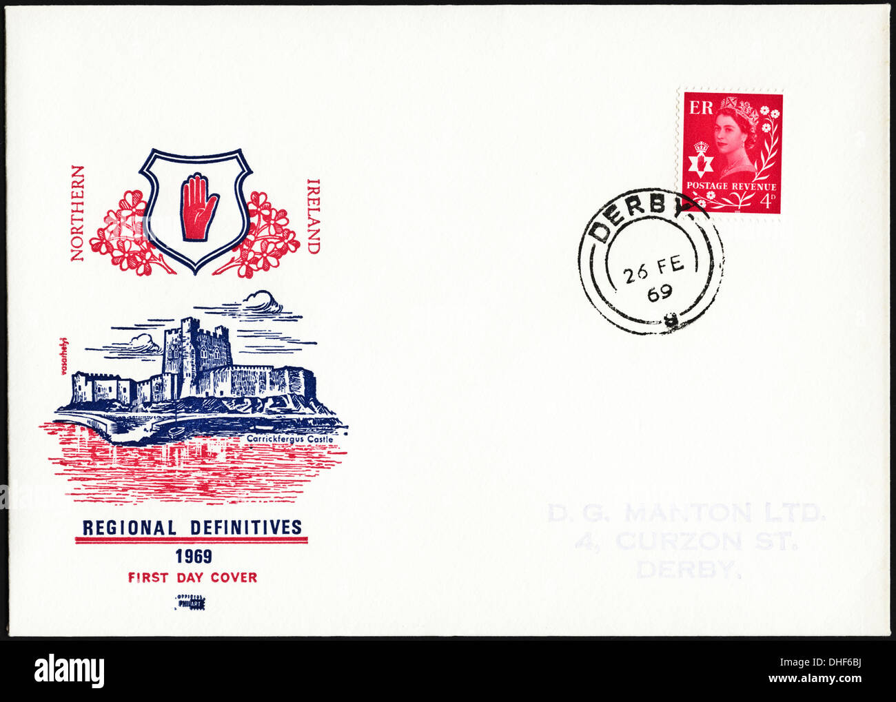 Festschrift 4D Briefmarke Ersttagsbrief für Nordirland endgültige Ausgabe vom 26. Februar 1969 Post markiert Derby Stockfoto