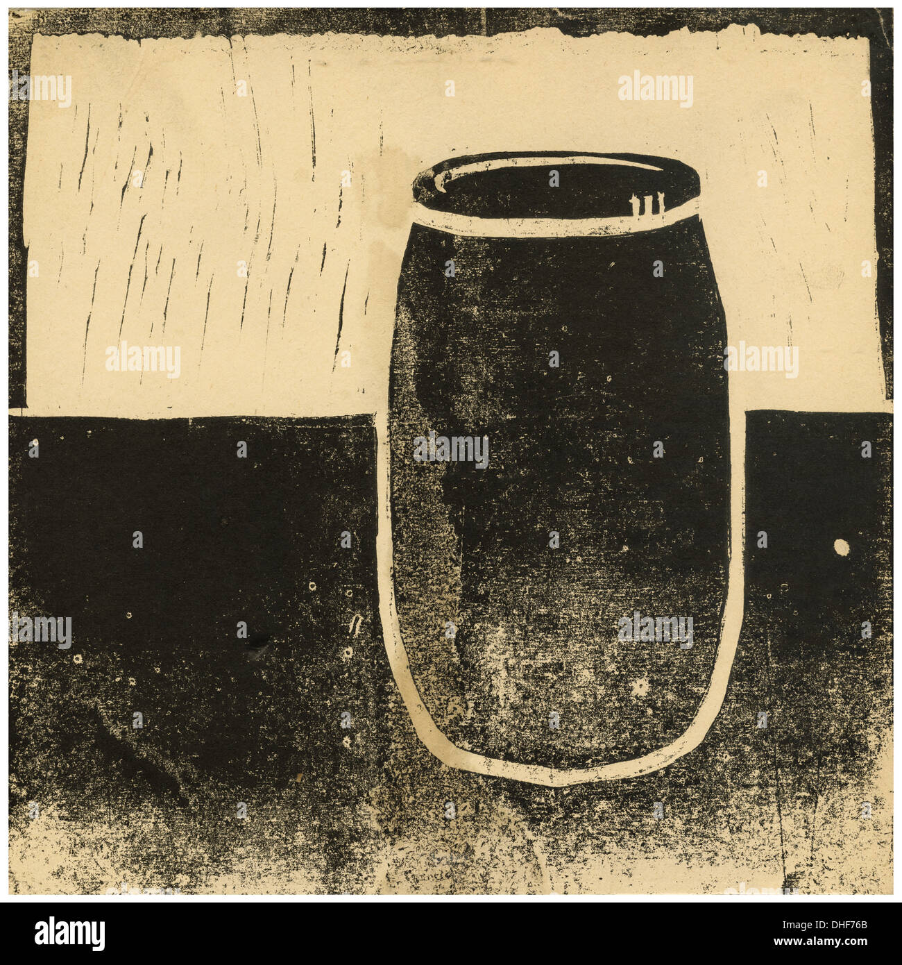 Kunststoff-Trommel für chemische Flüssigkeiten Presse gedruckt von Lino cut Gravur Stockfoto