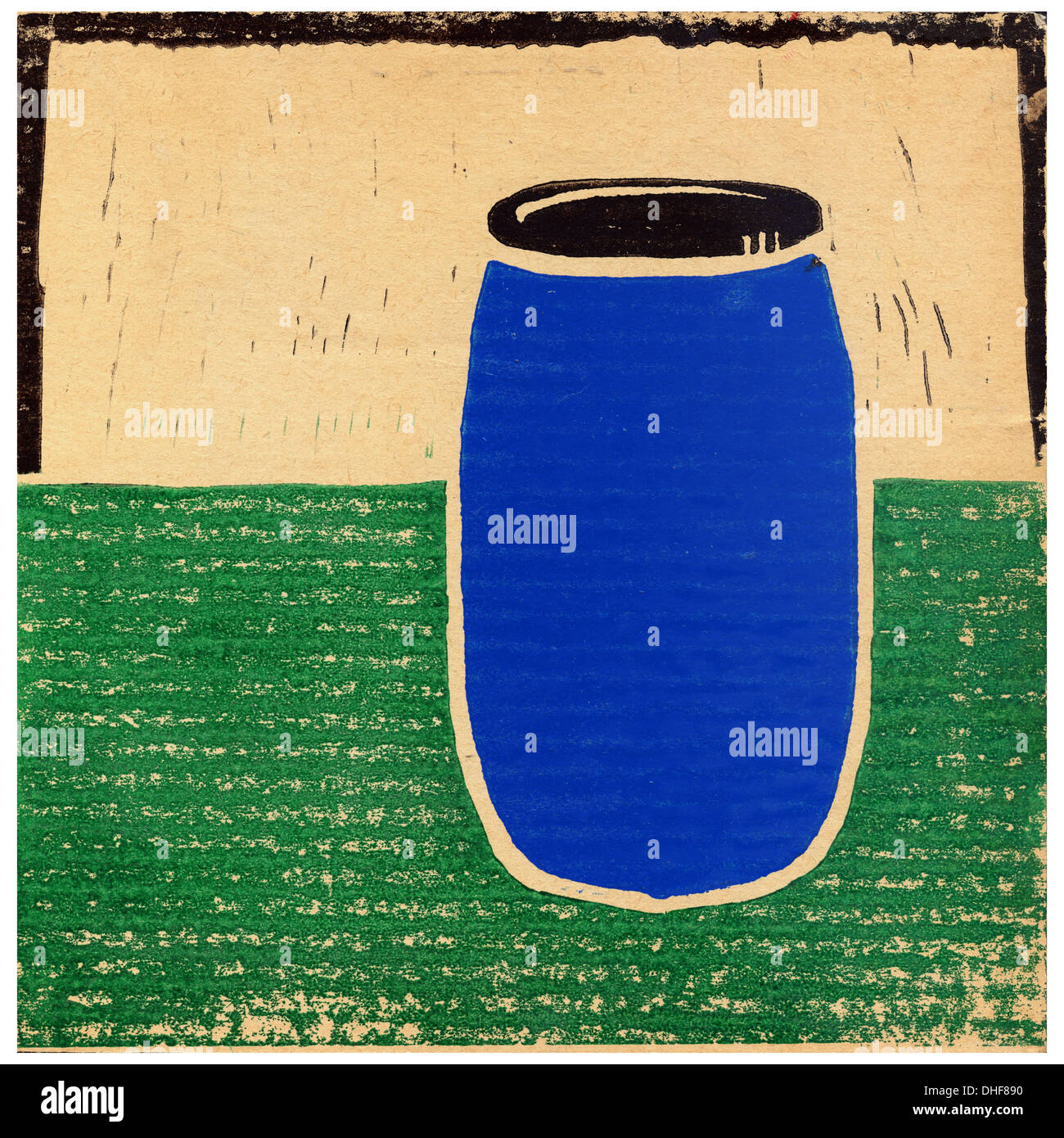 Kunststoff-Trommel für chemische Flüssigkeiten Presse gedruckt von Lino cut Gravur Stockfoto