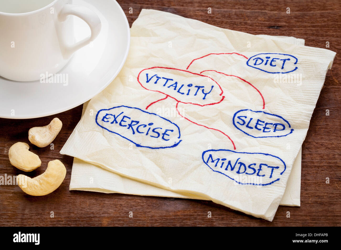 Ernährung, Schlaf, Bewegung und Mindset - Vitalität-Konzept - eine Skizze auf einer Serviette mit Tasse Kaffee Stockfoto