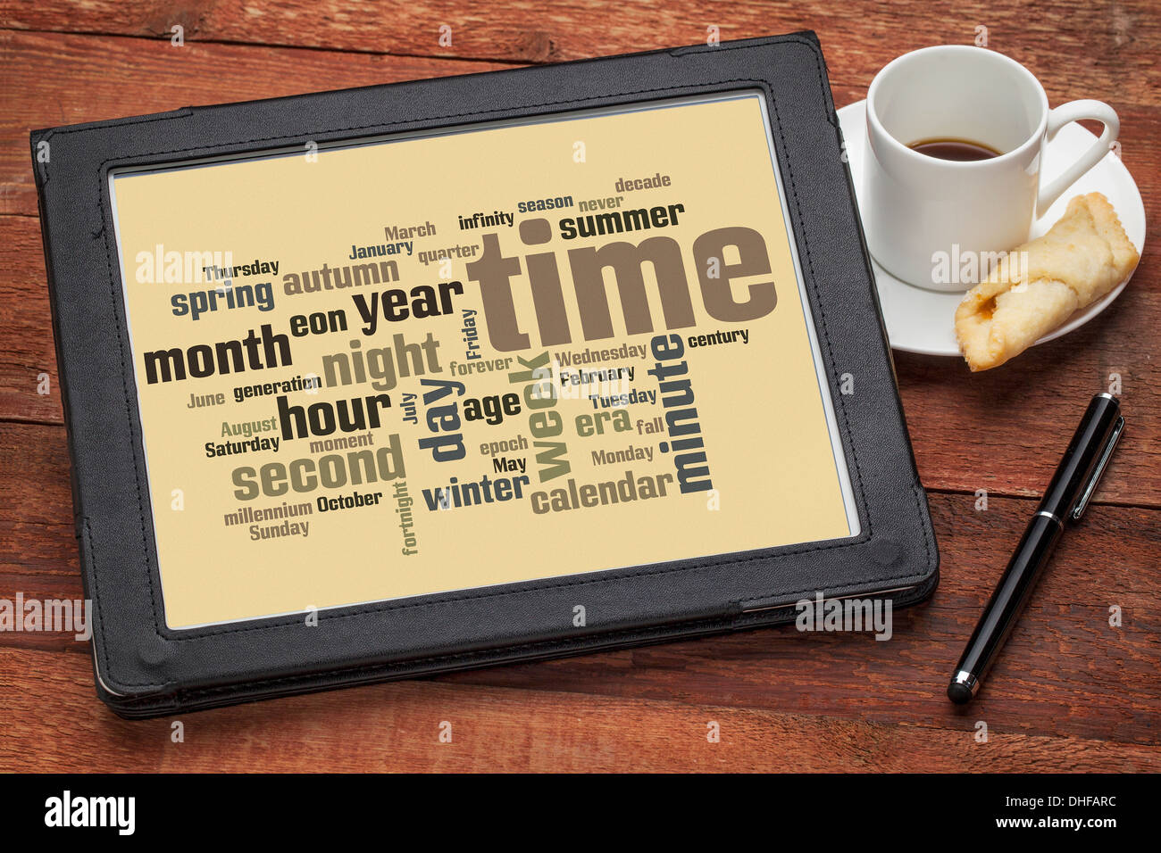 Wolke der Wörter in Bezug auf Zeit und Kalender von Sekunden, Monate, Jahre und Äonen auf einem digitalen tablet Stockfoto