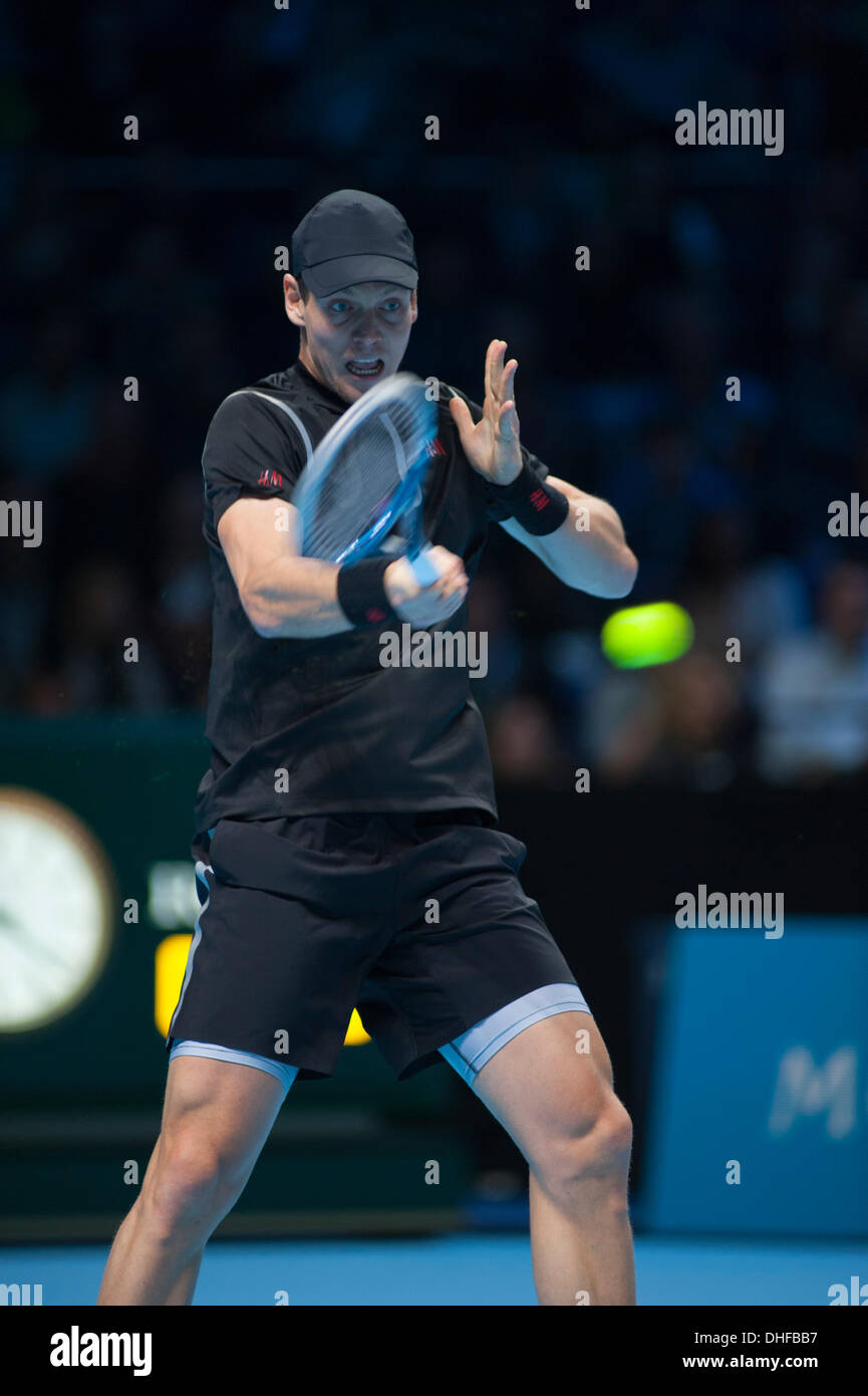 8.11.13, die O2-Arena, London, UK. Tomas Berdych (CZE) in Aktion bei der Barclays ATP World Tour Finals während des Spiels mit Rafael Nadal (ESP), Nadal gewinnt 6-4 1-6 6-3 Stockfoto