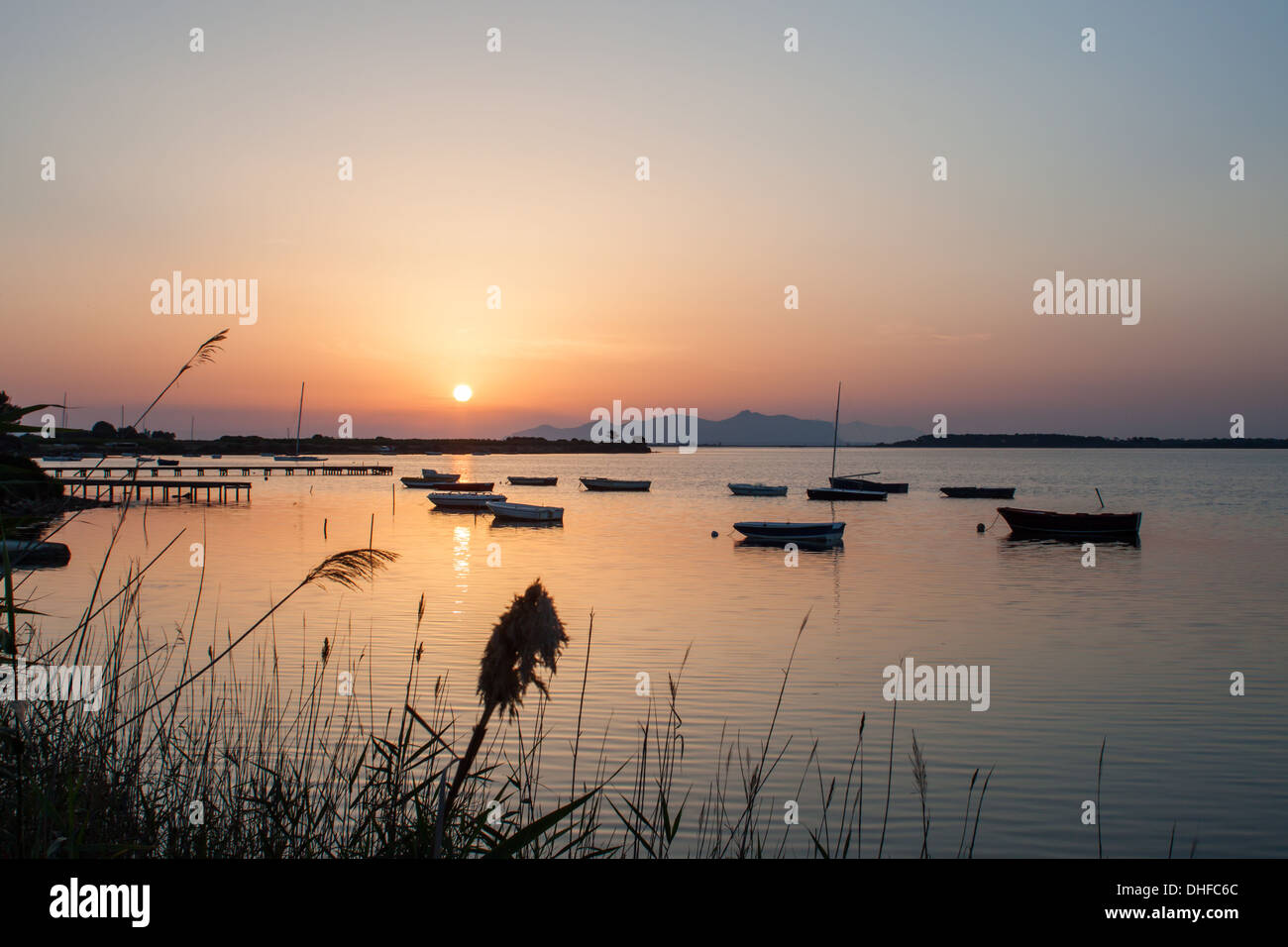 Sonnenuntergang, Mozia, Sizilien, Fihing Boote, Insel, Rasen, Horizont, orange Stockfoto