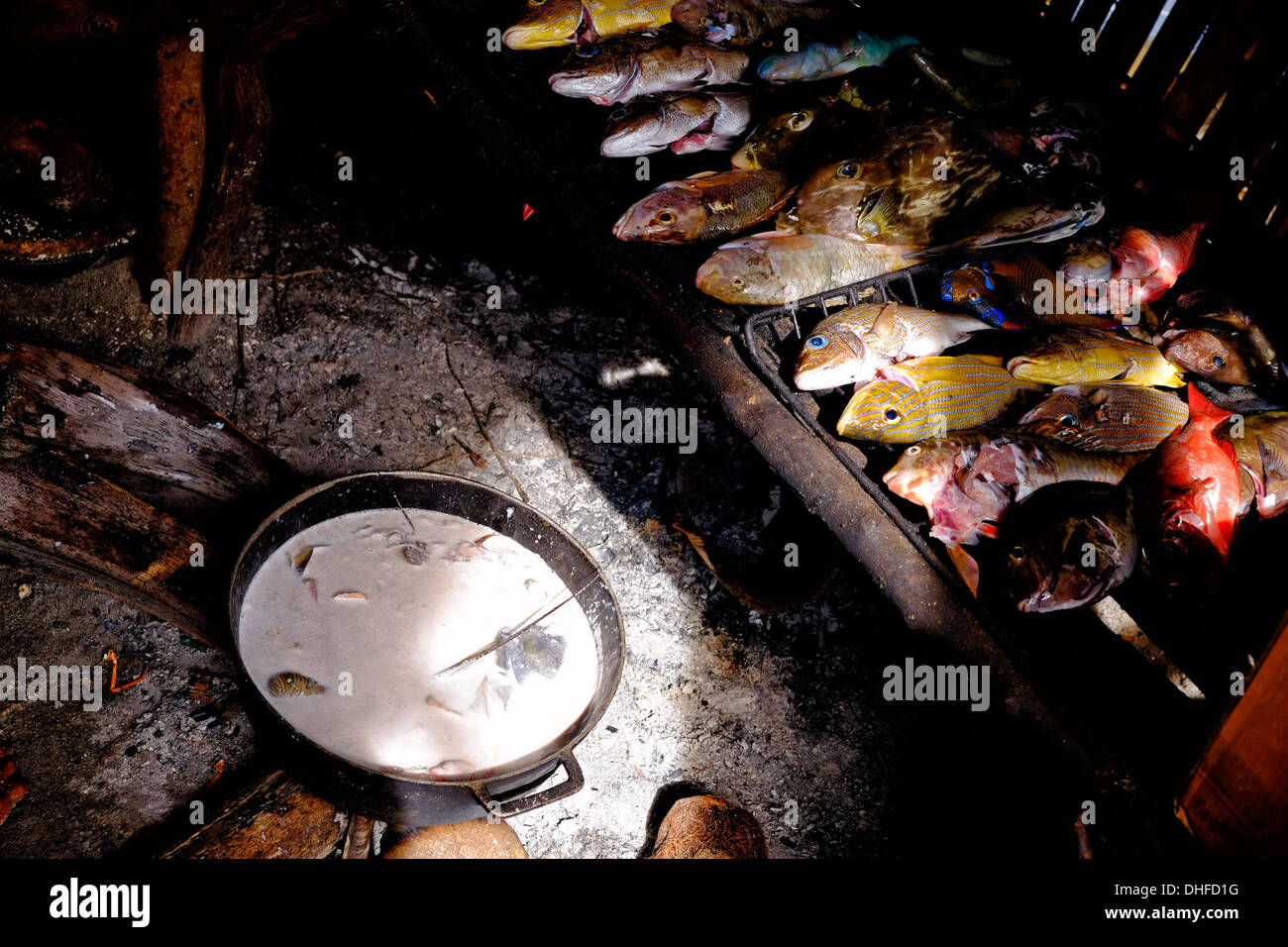 Tropische Fische in einer Küche in Carti Sugtupu Island Village durch Guna Eingeborenen als Kuna in der "Comarca" (Region) der Guna Yala im Archipel von San Blas Blas Inseln im Nordosten von Panama mit Blick auf das Karibische Meer bekannt gegeben. Stockfoto