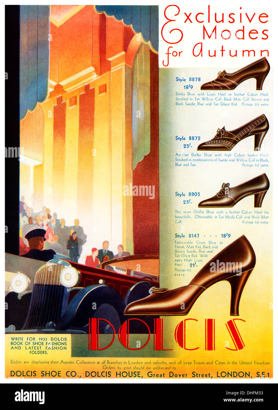 Dolcis Schuhe, Herbst 1933 Art-Deco-Anzeige für die englischen Hersteller von Mode Schuhe, exklusive Modi Stockfoto