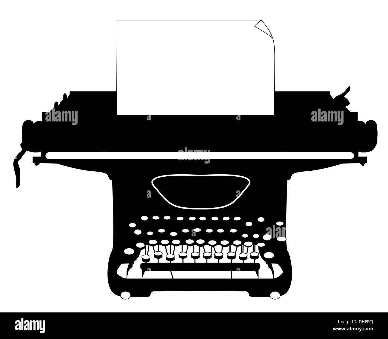 Silhouette einer alten Schreibmaschine mit einem Blatt Papier. Stockfoto