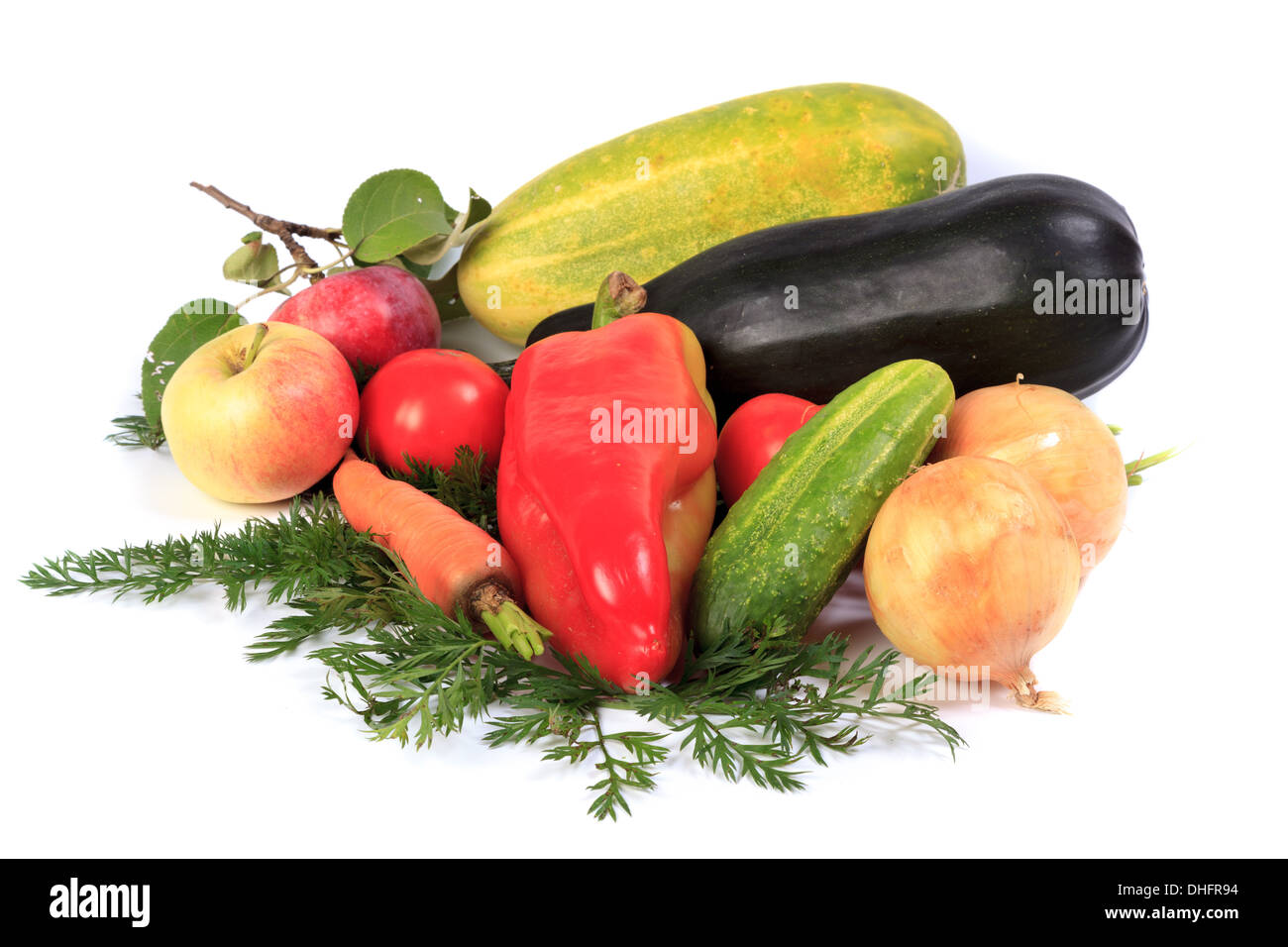Obst und Gemüse auf einem weißen Hintergrund. Studio-Fotografie. Denisovo, Oblast Rjasan, Pronsky-Bereich. Russland Stockfoto