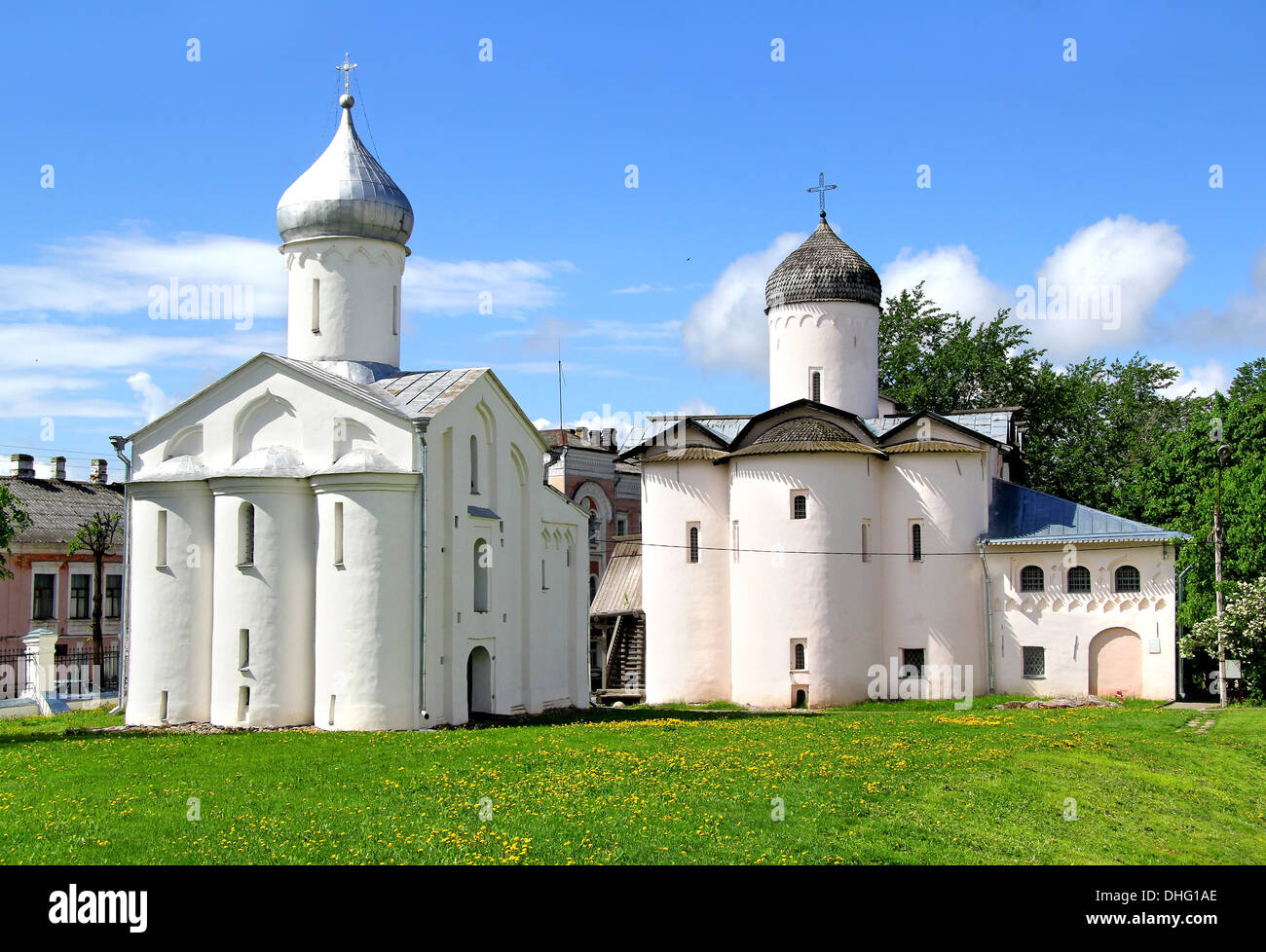 Kirchen von Yaroslav Court in Weliki Nowgorod, Russland Stockfoto