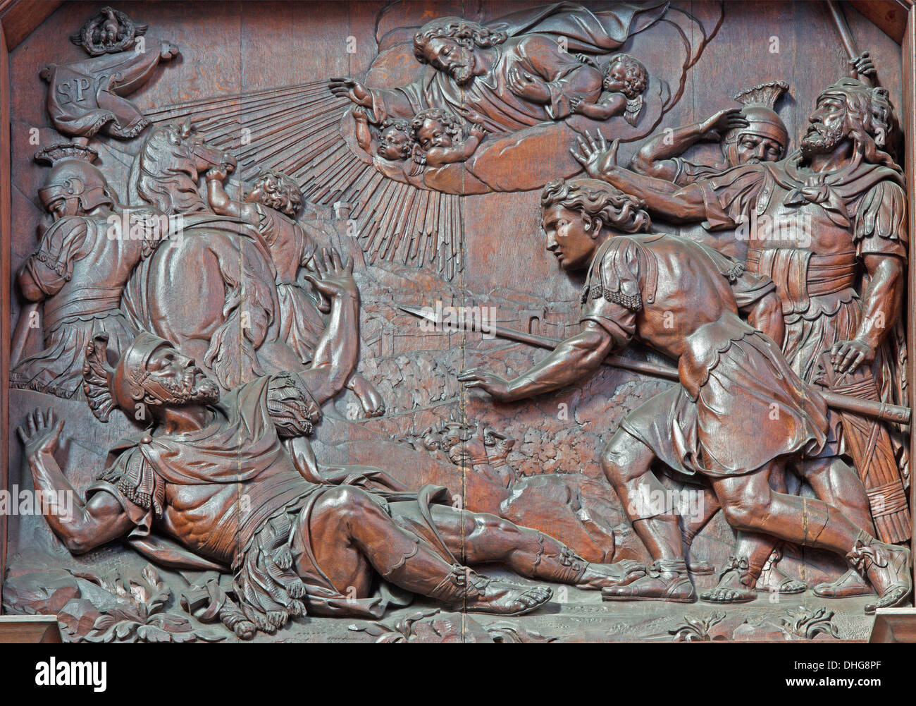 Antwerpen, Belgien - 5. SEPTEMBER: Geschnitzte Relief der Bekehrung des Apostels Paulus in der St. Pauls Kirche (Paulskerk) Stockfoto