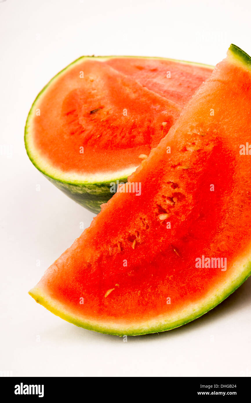 Wassermelone Scheiben große Melone Frucht süßen Produkten Abschnitte weißer Hintergrund Stockfoto