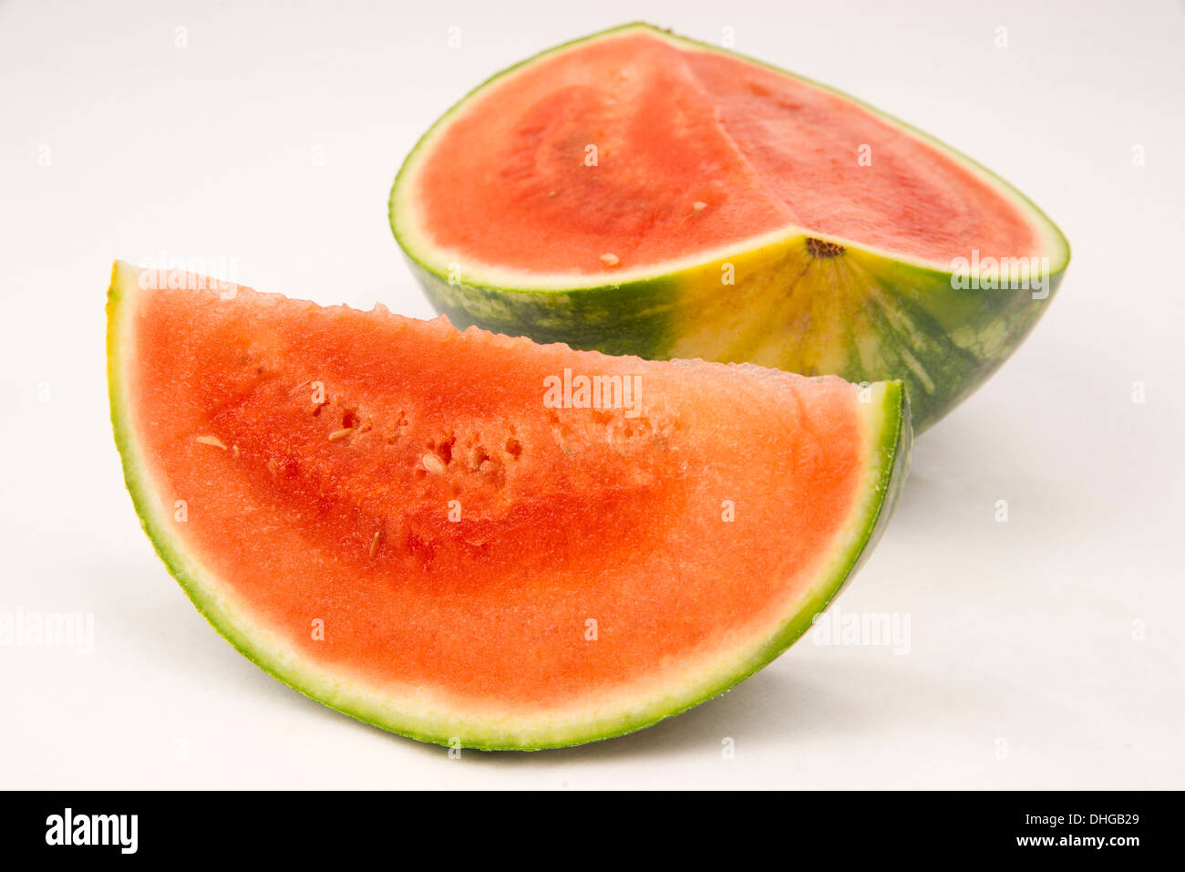 Wassermelone Scheiben große Melone Frucht süßen Produkten Abschnitte weißer Hintergrund Stockfoto