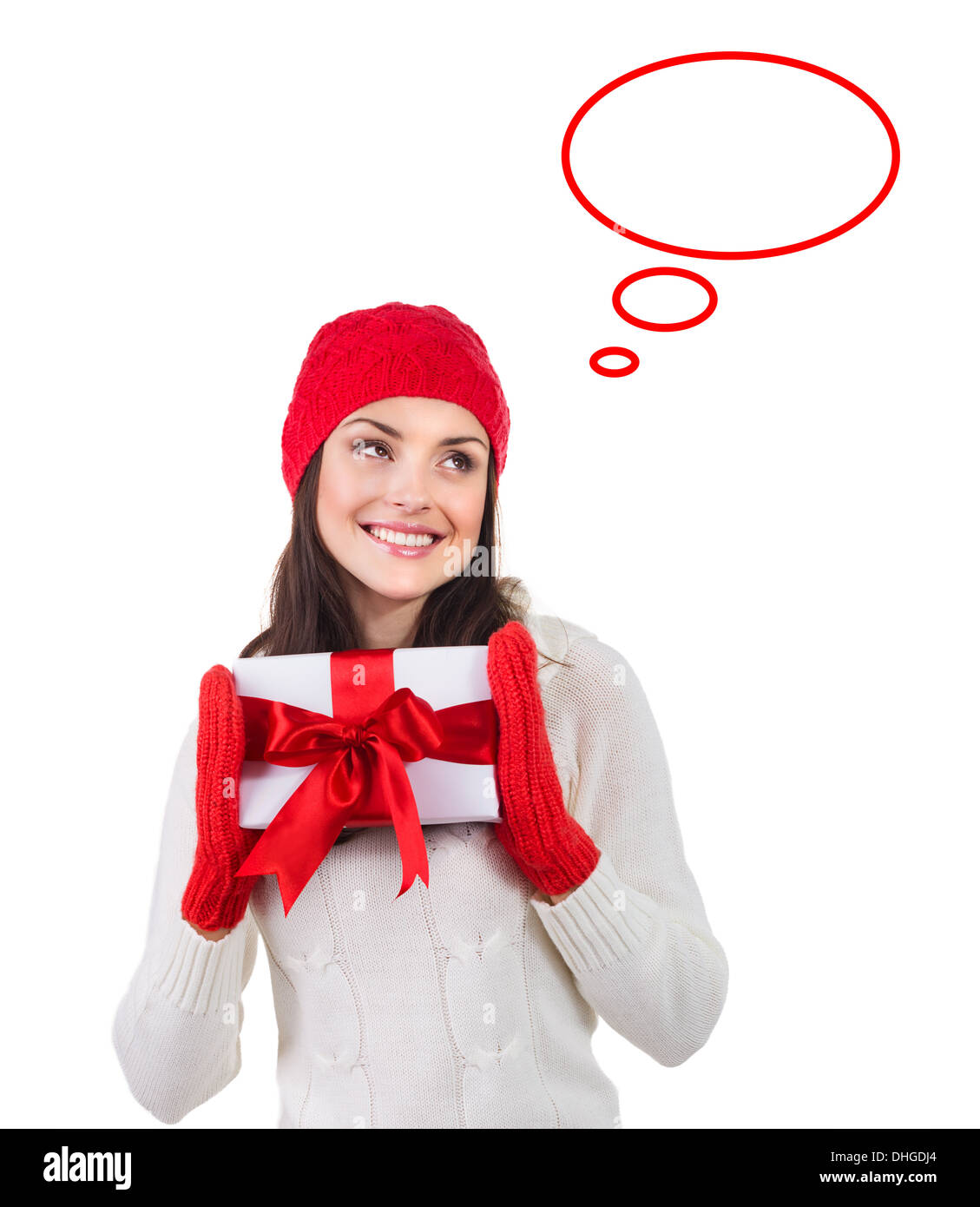 Weihnachten-Frau in warme Kleidung denken über etwas isoliert auf weiss Stockfoto