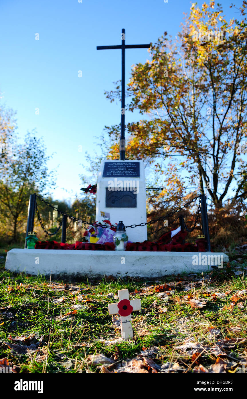 Calverton,Nottinghamshire,UK.10th November 2013.Polish cross-Denkmal, am 13. Oktober 1940 eine polnische Luft Crew (der Nummer 300 Mosovion Squadron), die kämpften für die Alliierten zu ihrer Basis an RAF Swinderby.After eine erfolgreiche Bombardierung zurückkehrten raid, ihre betroffenen "Fee battle'aeroplane fiel in Calverton Wäldern töten alle drei Besatzungen. Stockfoto