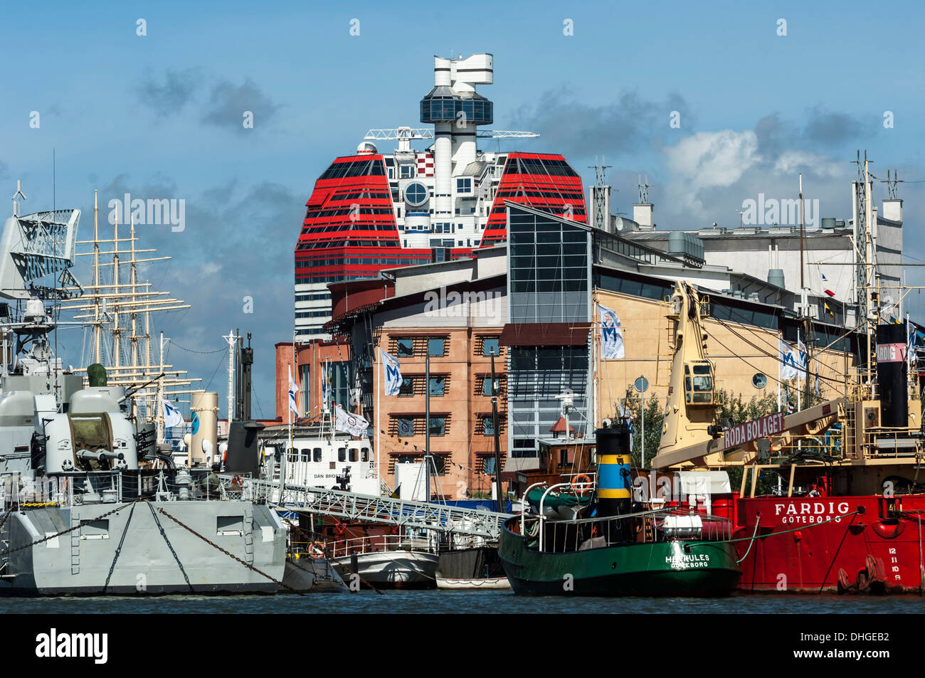 Lippenstift-Gebäude und Schiffe. Hafen von Göteborg. Schweden Stockfoto